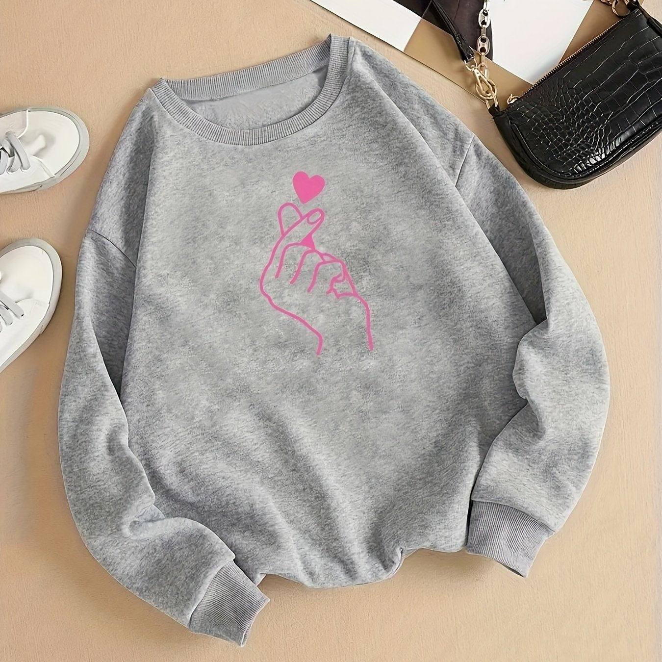 gbolsos Finger Heart Print Sweatshirt, Casual Long Sleeve Crew Neck Sweatshirt For Fall & Winter, Women's Clothing