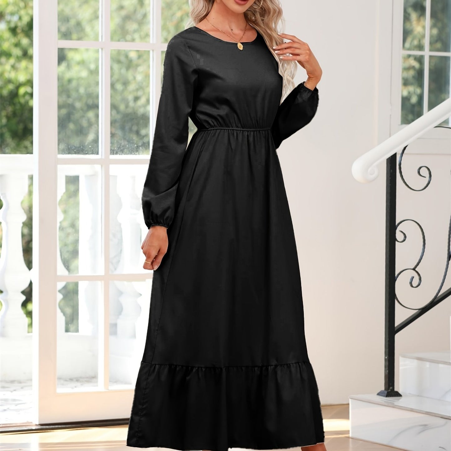 gbolsos Elegant Crew Neck Draped Extra-long Dress, Casual Long Sleeve Solid Elastic Waist Ruffle Hem Party Long Dresses, Women's Clothing