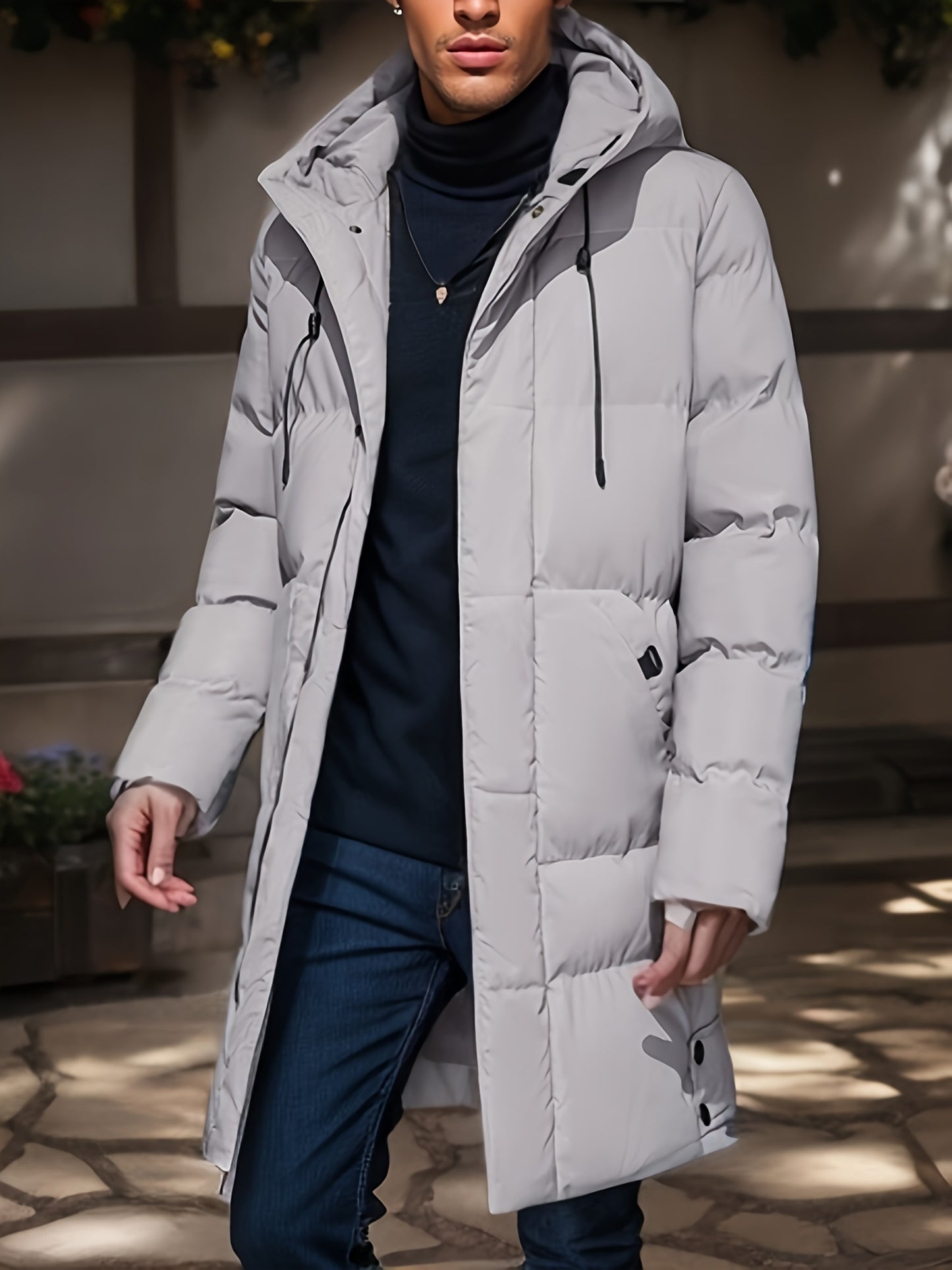 gbolsos Warm Hooded Mid-length Jacket, Men's Casual Zip Up Cotton Padded Jacket Overcoat For Fall Winter Outdoor