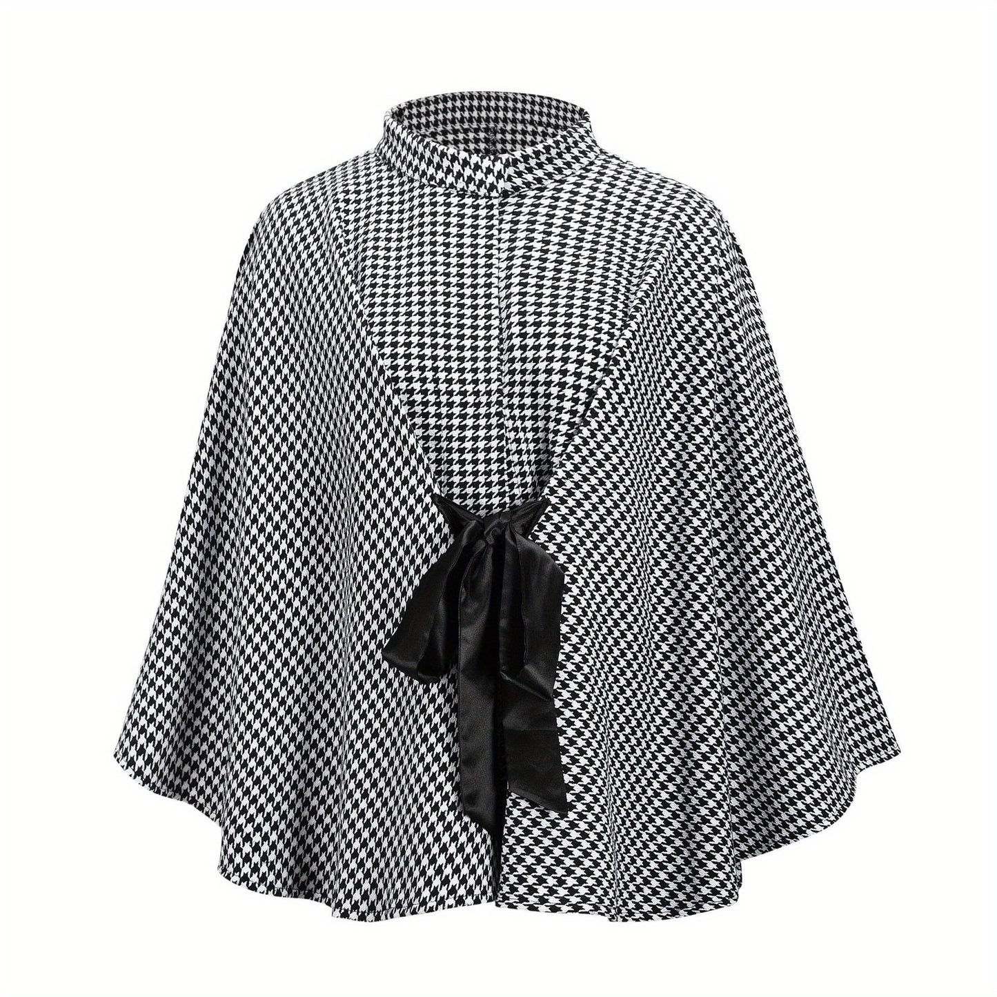 gbolsos Houndstooth Print Cape Top, Casual Tie Front Loose Outerwear, Women's Clothing