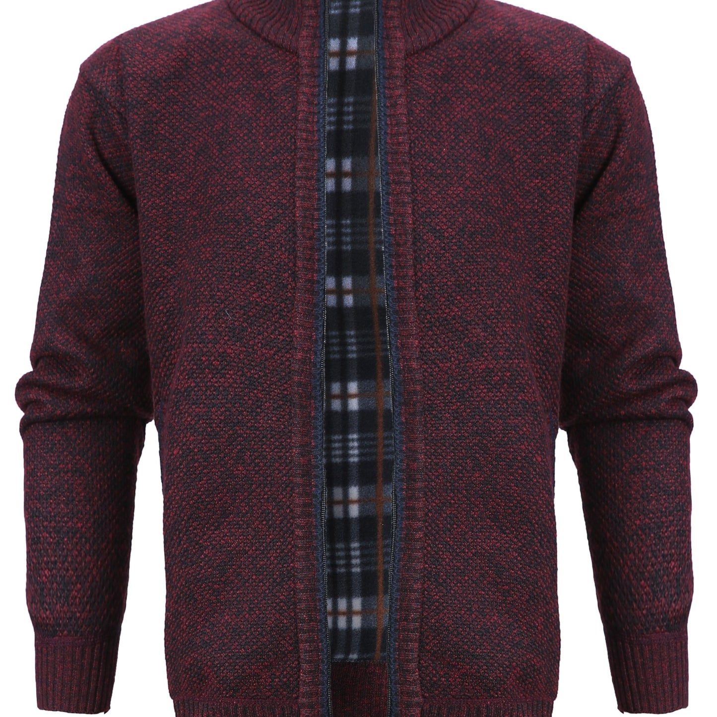 gbolsos Warm Zip Up Jacket Sweater, Men's Casual Lapel Mid Stretch Slant Pocket Solid Color Cardigan For Fall Winter