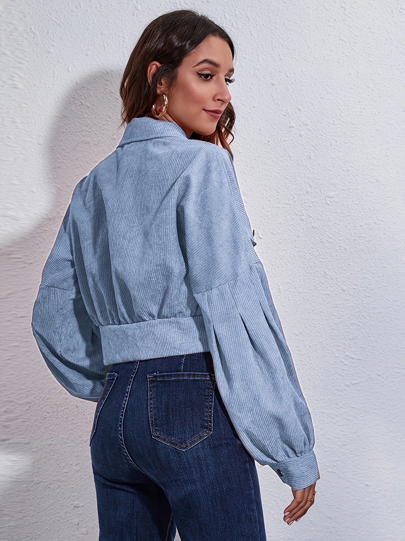 gbolsos Casual Corduroy Crop Jacket, Lapel Lantern Long Sleeve Fashion Loose Crop Outerwear, Women's Clothing