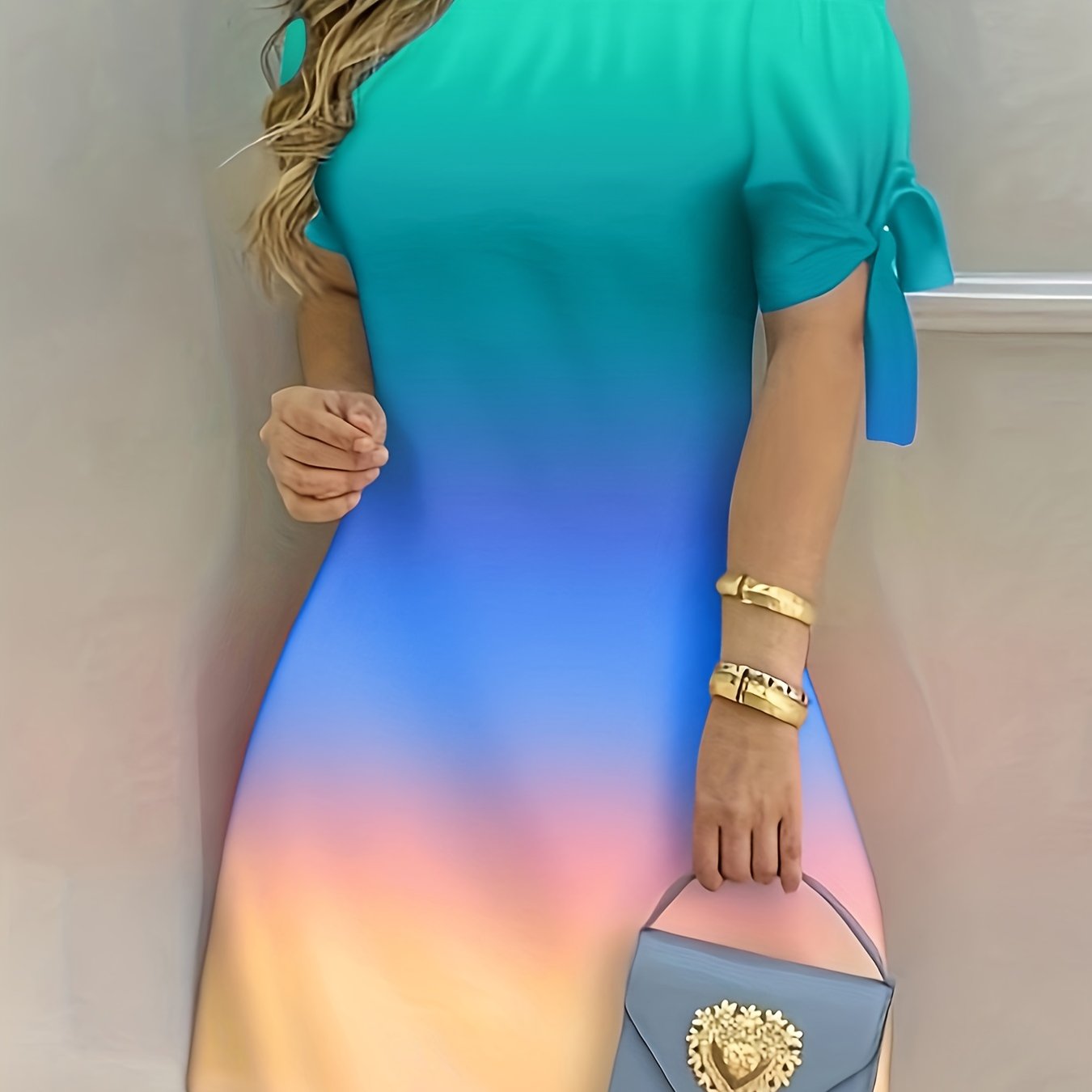 gbolsos Color Block Off Shoulder Dress, Elegant Backless Short Sleeve Dress For Spring & Summer, Women's Clothing