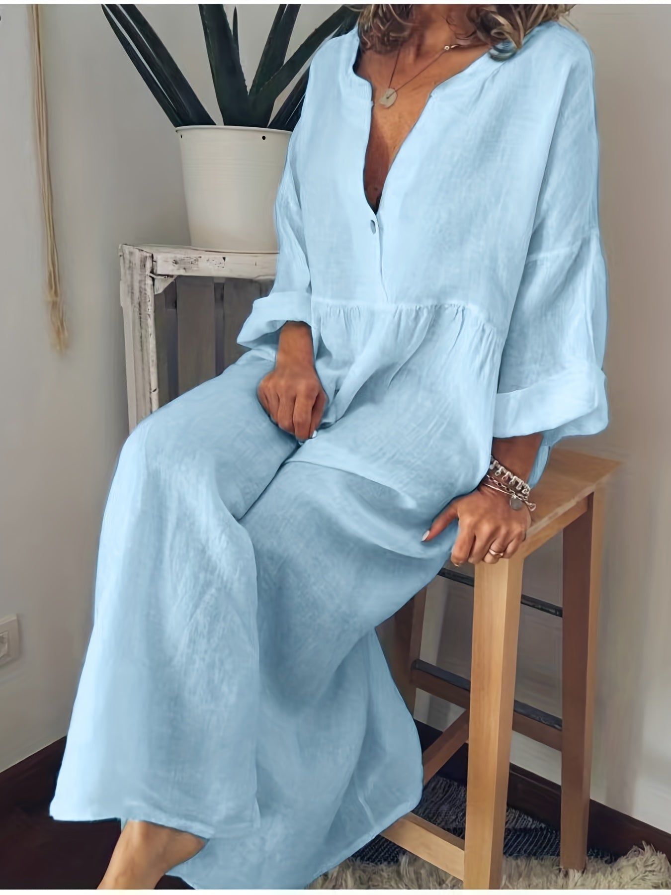 gbolsos Plus Size Casual Dress, Women's Plus Solid Long Sleeve V Neck Button Up Loose Maxi Dress