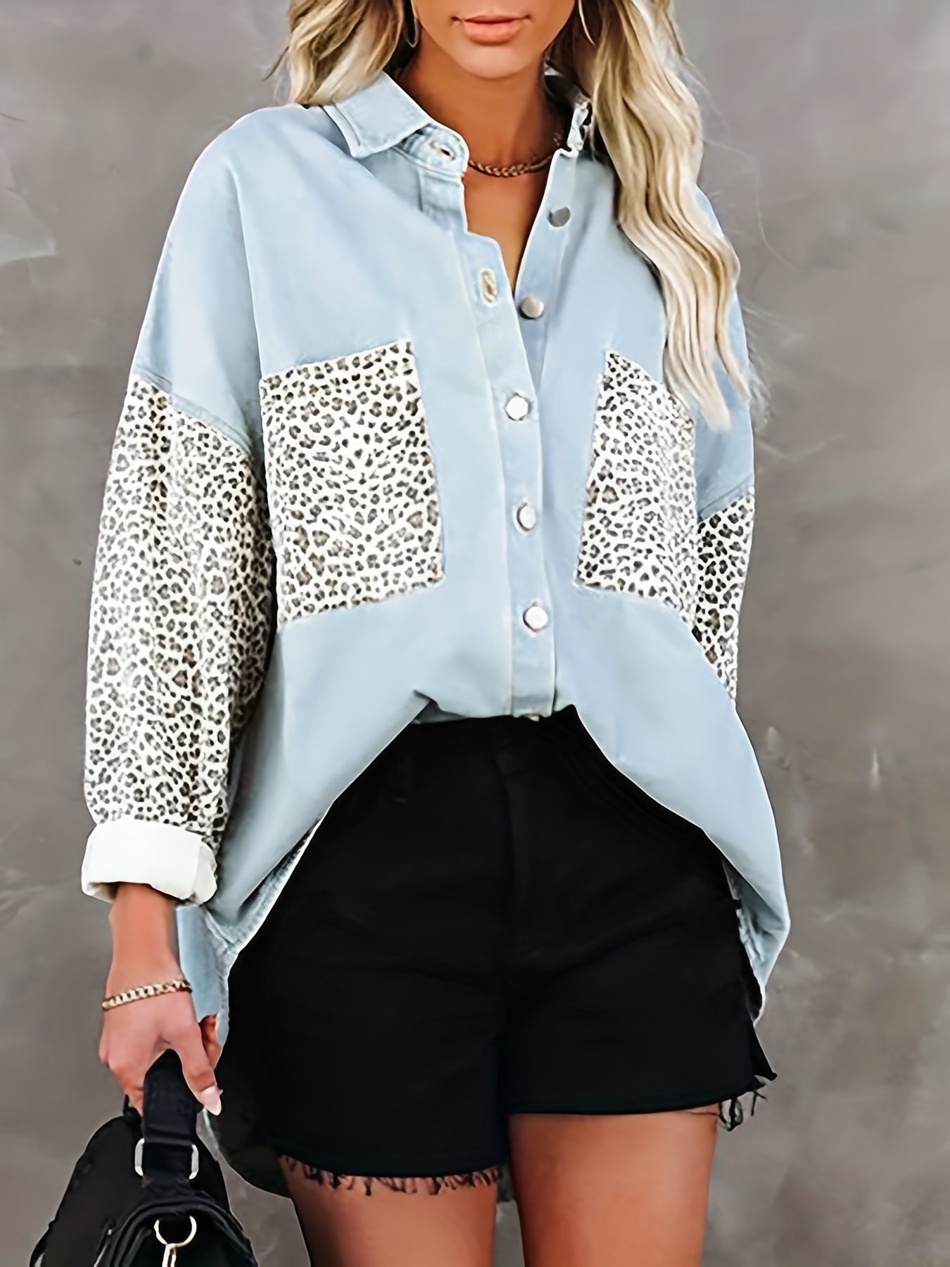 gbolsos Leopard Print Drop Shoulder Jacket, Casual Long Sleeve Jacket For Fall & Winter, Women's Clothing