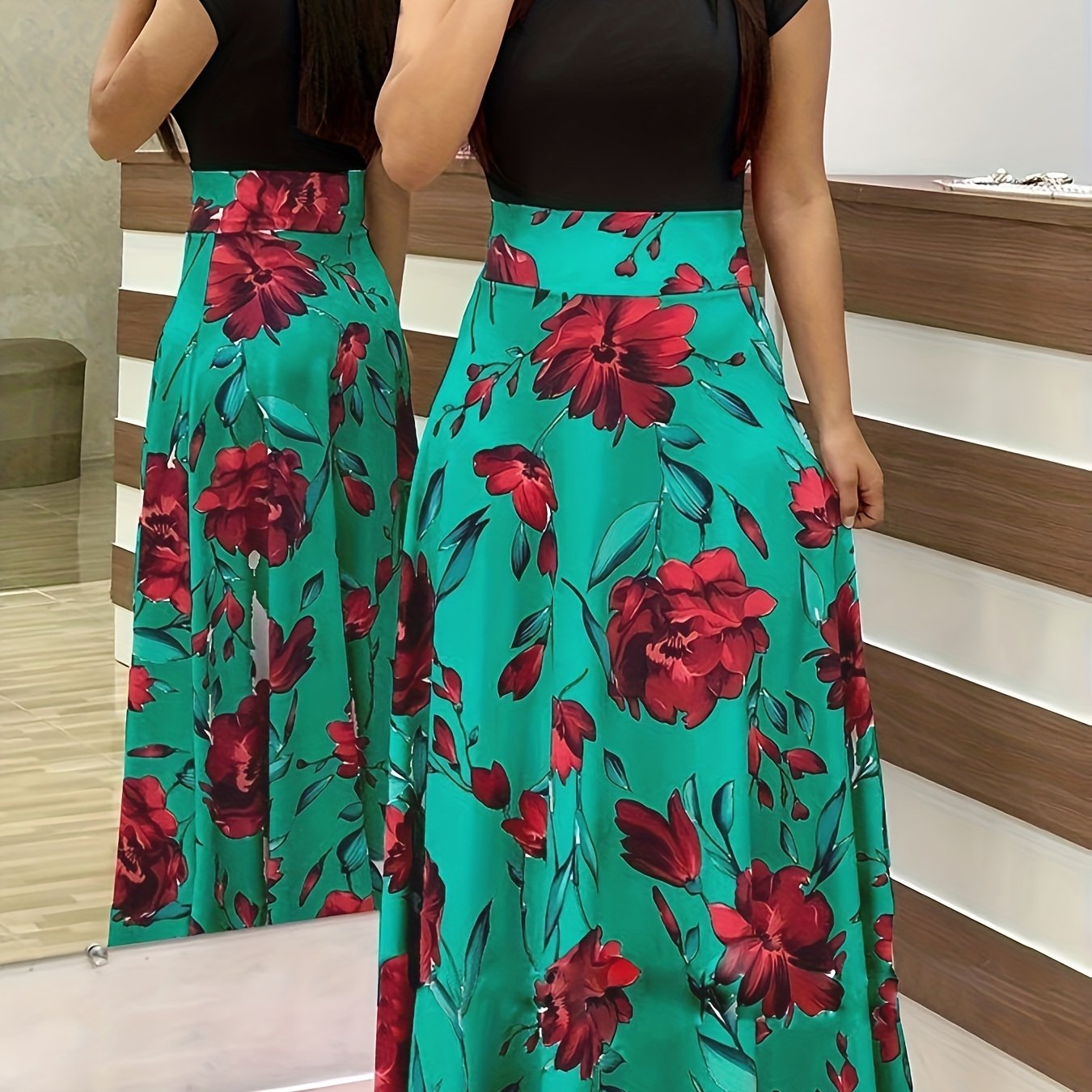 gbolsos Floral Print Splicing Dress, Elegant Crew Neck Short Sleeve Pleated Maxi Dress, Women's Clothing