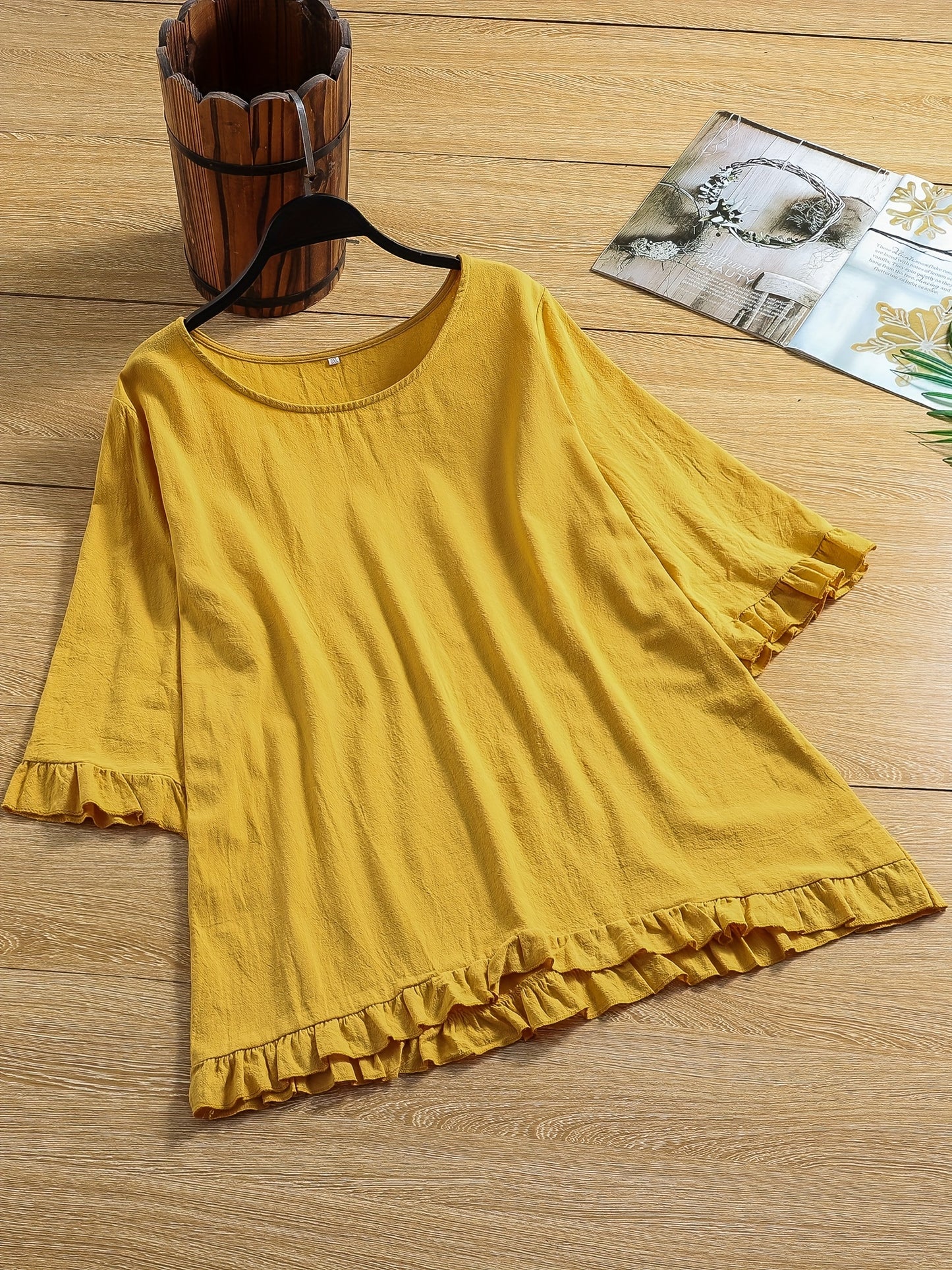 solvbao Plus Size Casual Top, Women's Plus Solid Lettuce Trim Half Sleeve Round Neck Slight Stretch Top