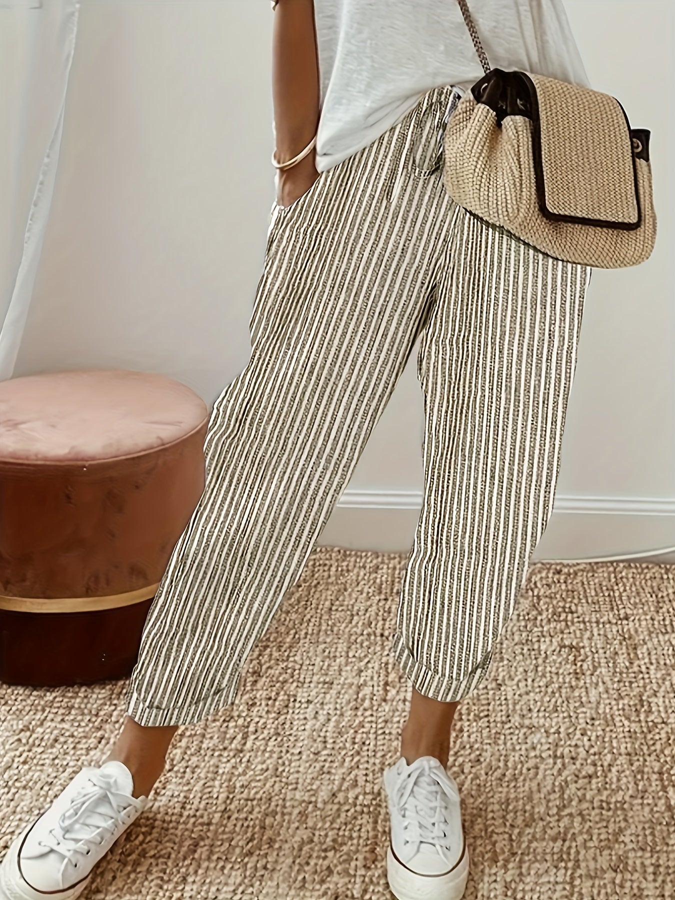 gbolsos Striped Slant Pocket Drawstring Pants, Casual Pants For Spring & Summer, Women's Clothing