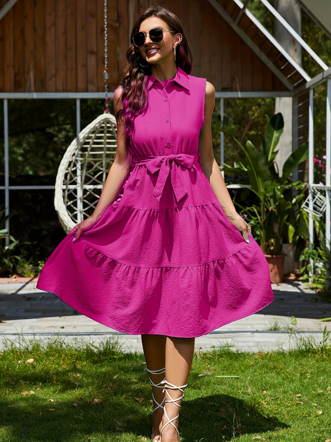 gbolsos Shirt Collar Belted Tiered Dress, Sleeveless Summer Vacation Casual Dress, Women's Clothing