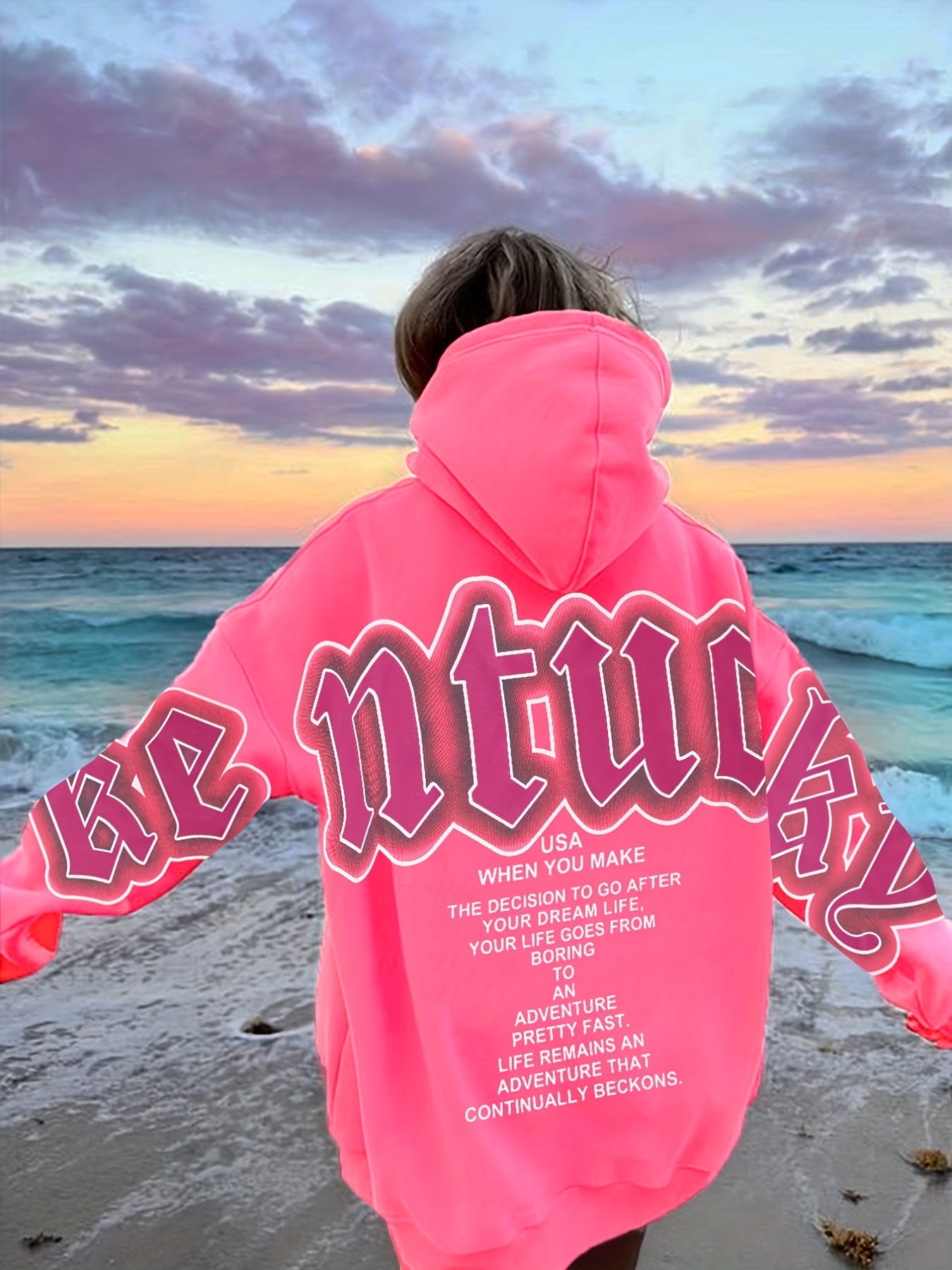 gbolsos Letter Print Loose Hoodie, Casual Long Sleeve Hoodies Sweatshirt, Women's Clothing