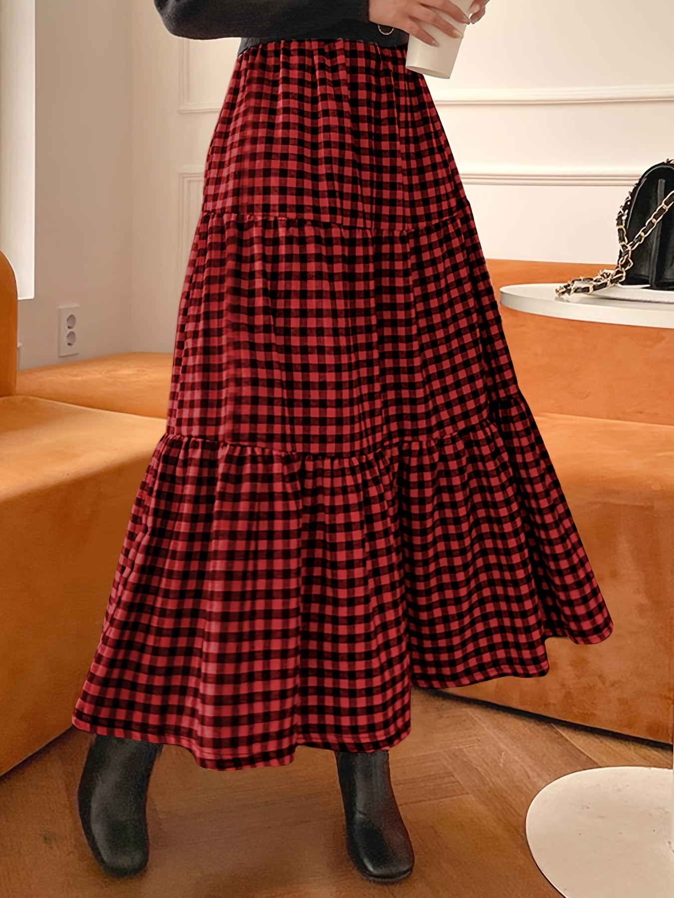 Plus Size Gingham Print Layered High Rise Maxi Skirt, Women's Plus Preppy Casual Long Skirt