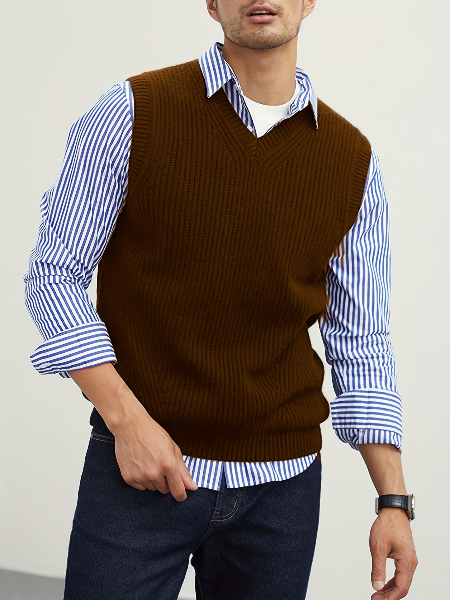 gbolsos Men's V Neck Sweater Vest, Pullover Solid Color Sleeveless Sweaters Vest, Preppy Style