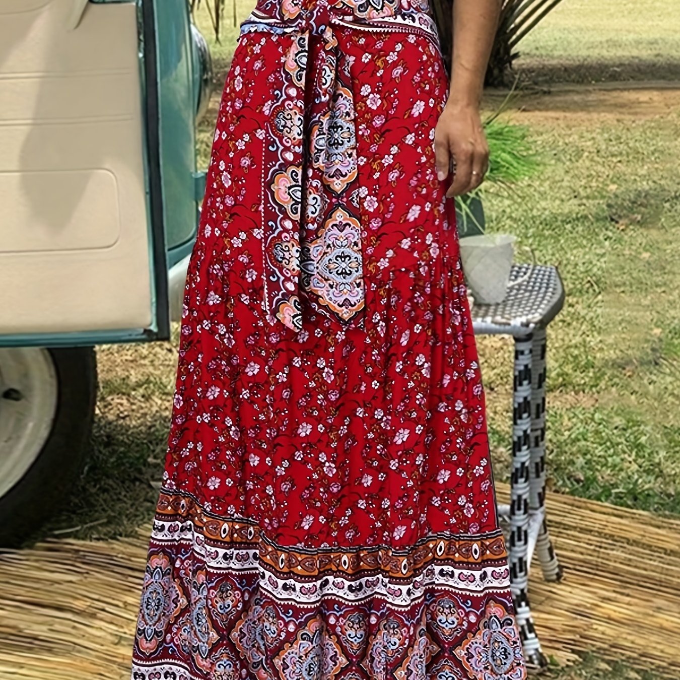 Floral Print Tie Front Skirt, Boho Skirt For Spring & Summer, Women's Clothing
