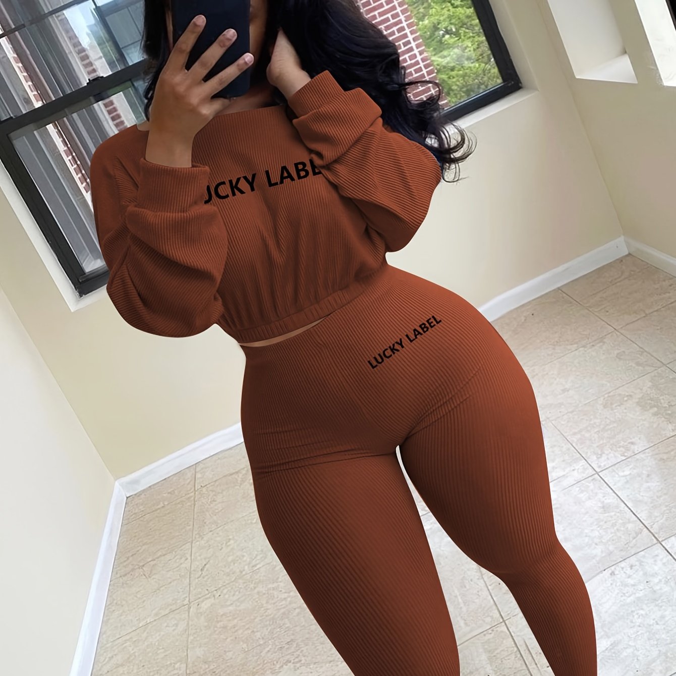 gbolsos Letter Print 2pc Set, Drop Shoulder Crew Neck Sweatshirt & Elastic Waist Jogging Pants Set, Women's Clothing