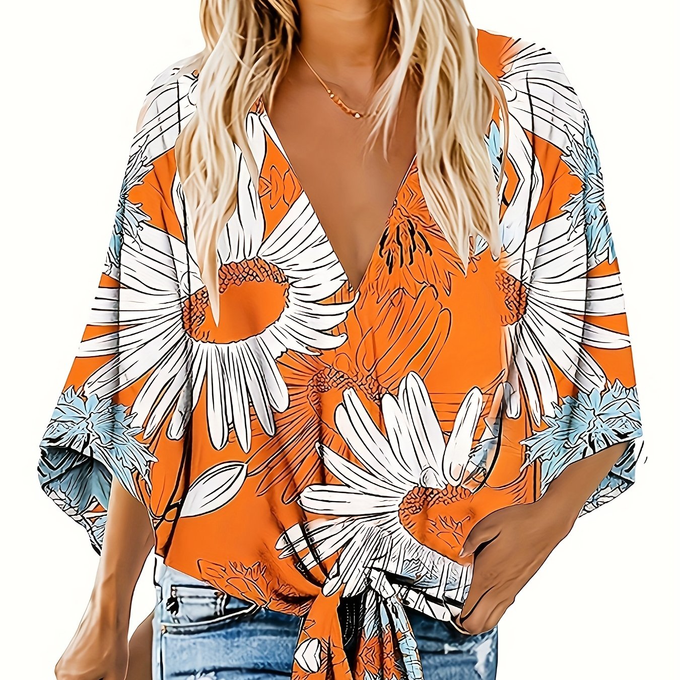 gbolsos Floral Print V-neck Blouse, Vacation Style Half Sleeve Blouse For Spring & Summer, Women's Clothing