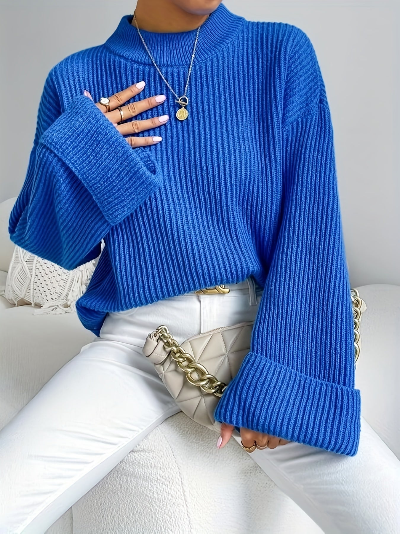 gbolsos Solid Mock Neck Pullover Sweater, Casual Long Sleeve Drop Shoulder Sweater For Fall & Winter, Women's Clothing