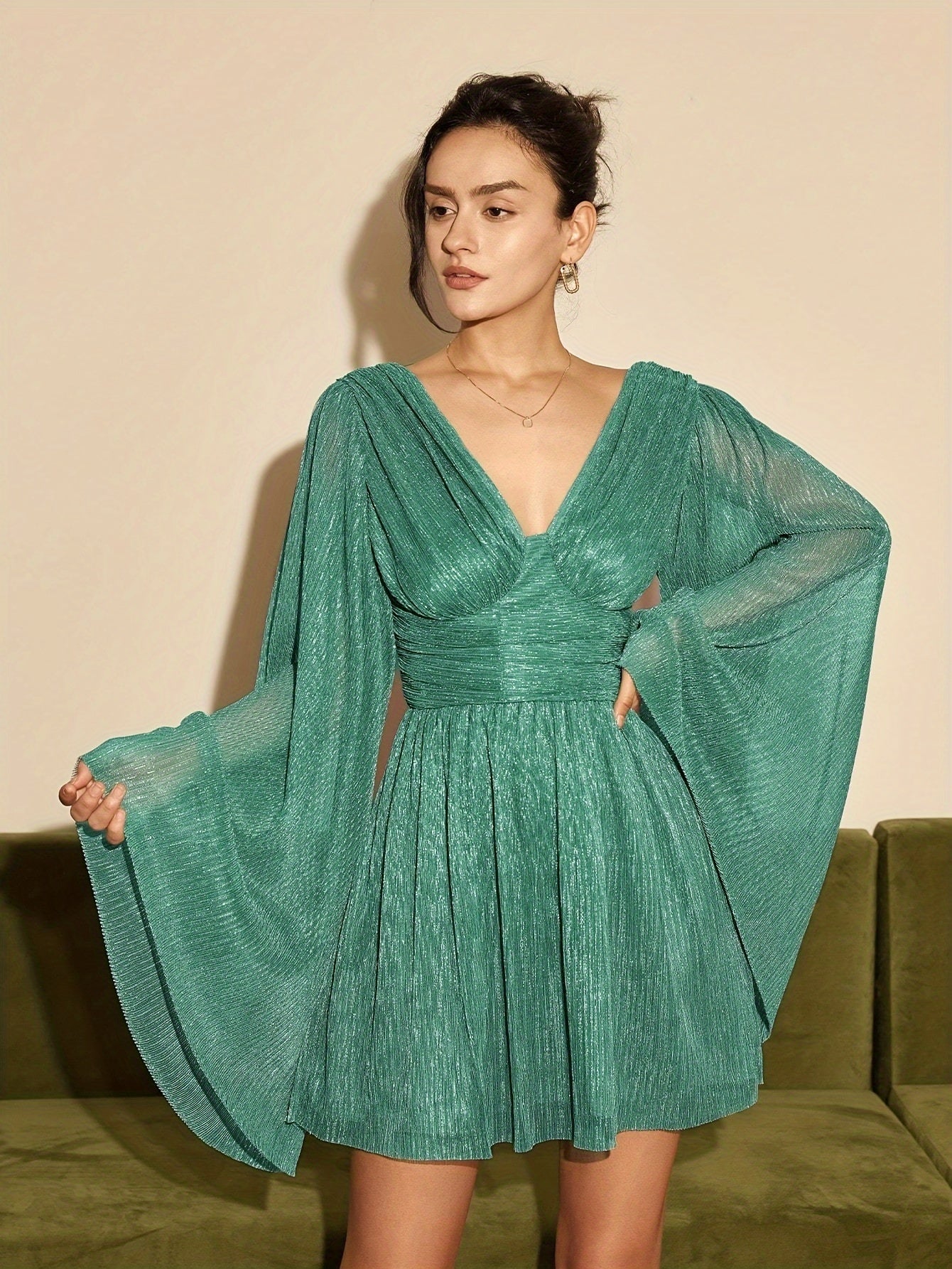 gbolsos Solid Deep V-neck Ruffle Dress, Elegant Flare Sleeve Slim Cut Out Dress For Spring & Fall, Women's Clothing