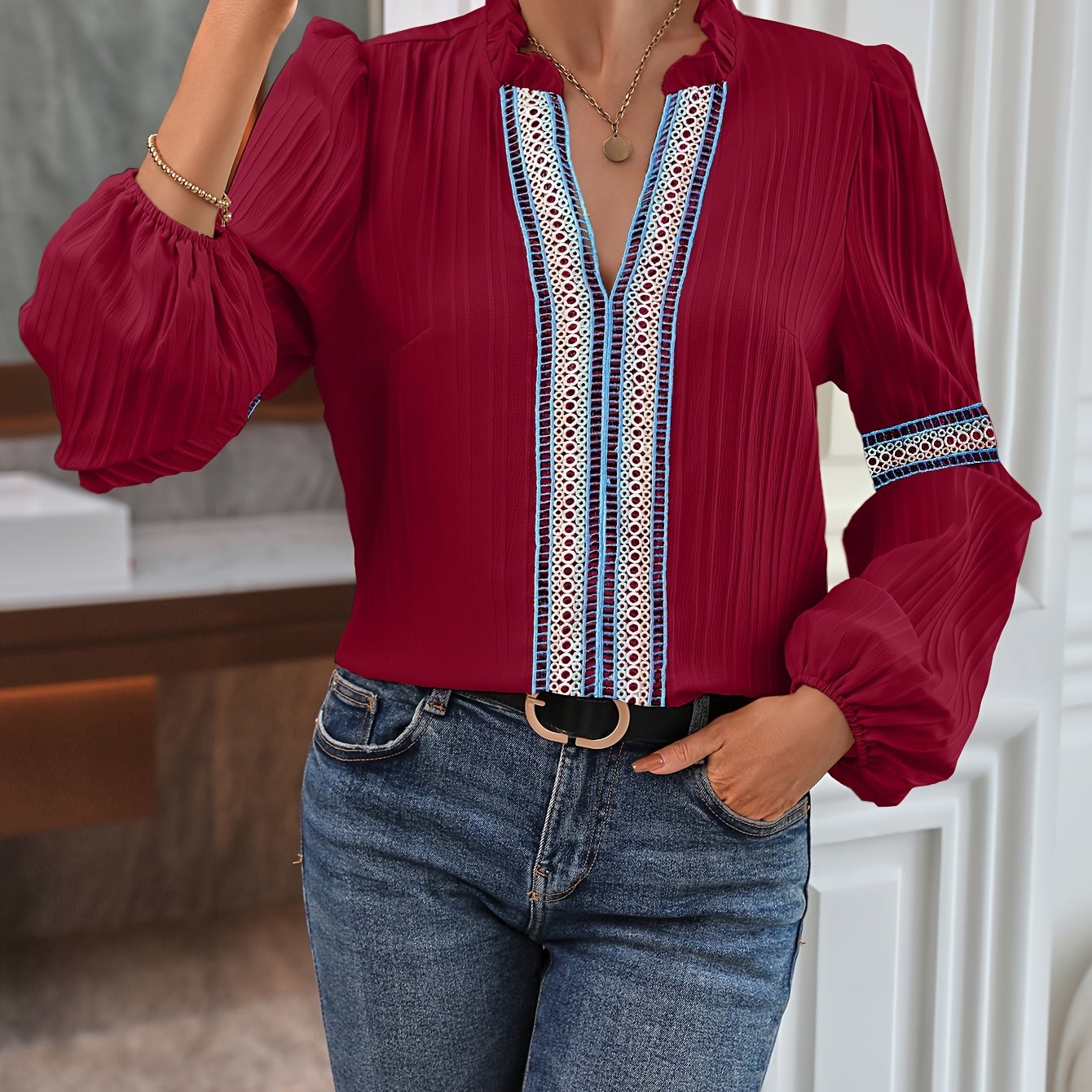 gbolsos Colorful Lace Stitching Blouse, Casual Long Sleeve Blouse For Spring & Fall, Women's Clothing