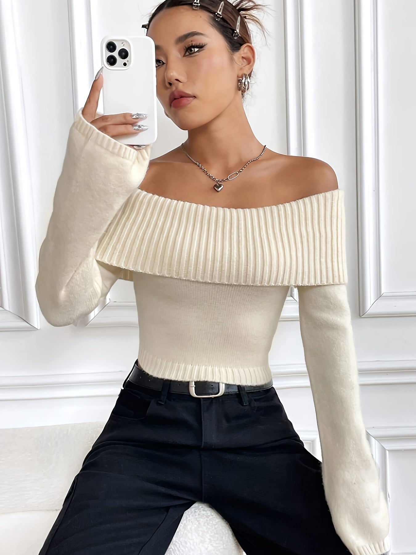 gbolsos Solid Off Shoulder Knit Sweater, Y2K Long Sleeve Crop Sweater, Women's Clothing