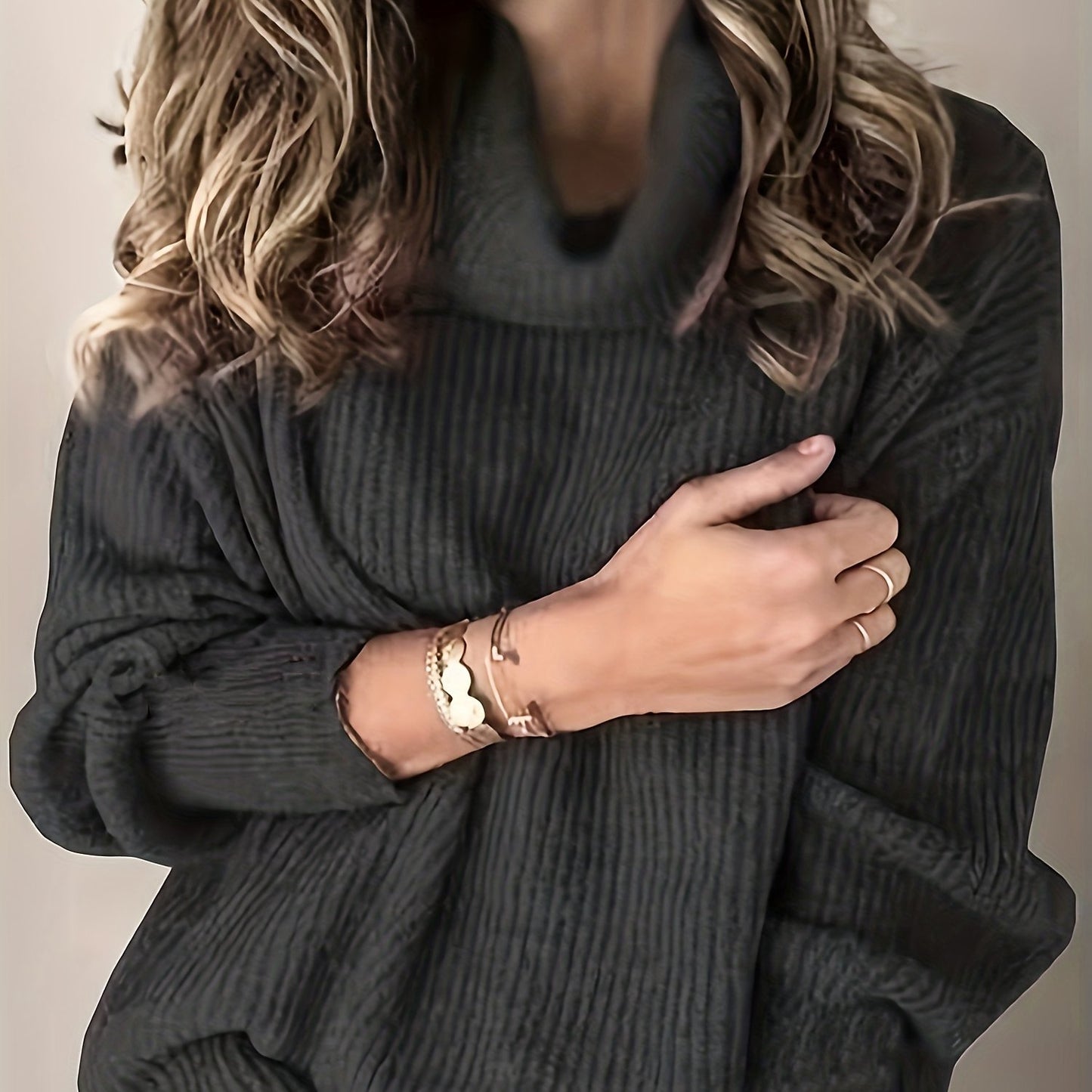 gbolsos Plus Size Casual Sweater, Women's Plus Solid Ribbed Turtle Neck Long Sleeve Medium Stretch Sweater