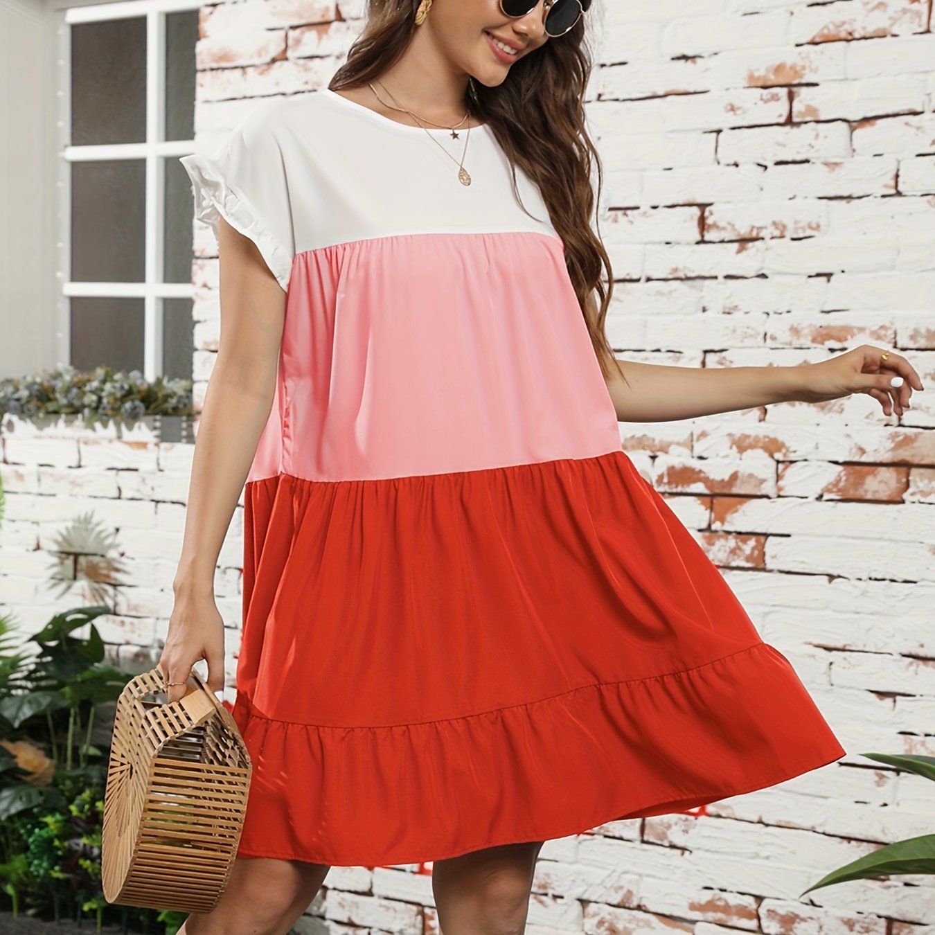 Color Block Ruffle Hem Dress, Casual Crew Neck Short Sleeve Dress, Women's Clothing