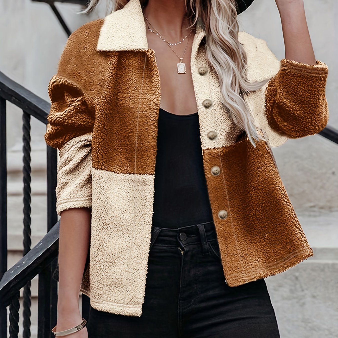 gbolsos Color Block Teddy Jacket, Casual Button Front Long Sleeve Outerwear, Women's Clothing