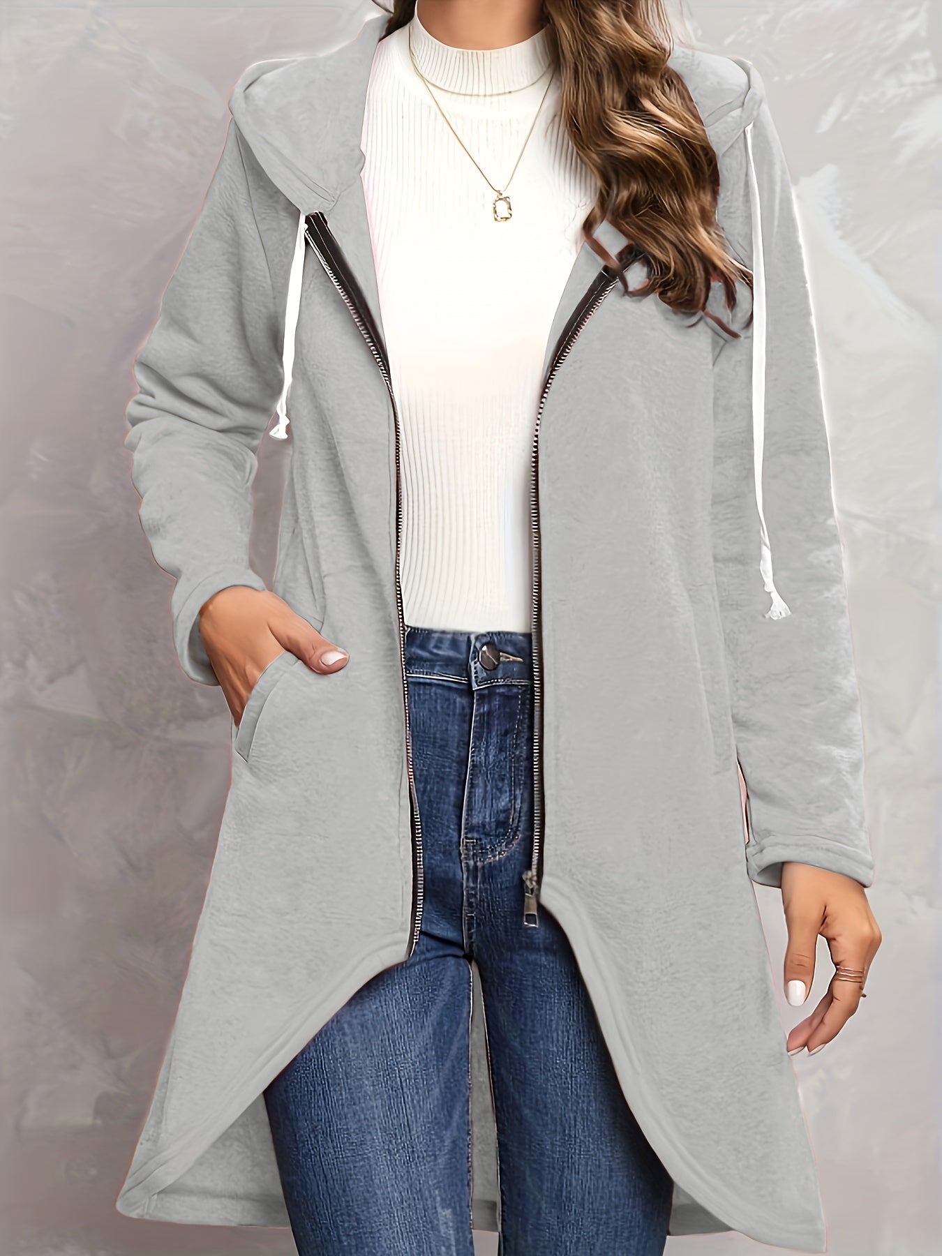 Solid Zip Up Long Sleeve Hoodie, Casual Long Sleeve Drawstring Hoodies Sweatshirt, Women's Clothing