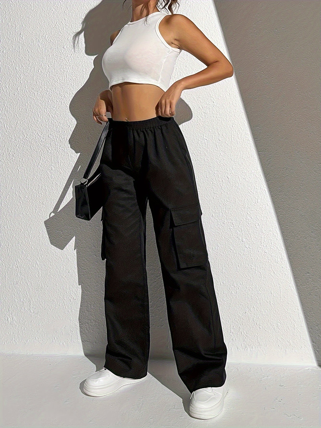 gbolsos Solid Flap Pocket Loose Cargo Pants, Casual Elastic Waist Versatile Pants, Women's Clothing