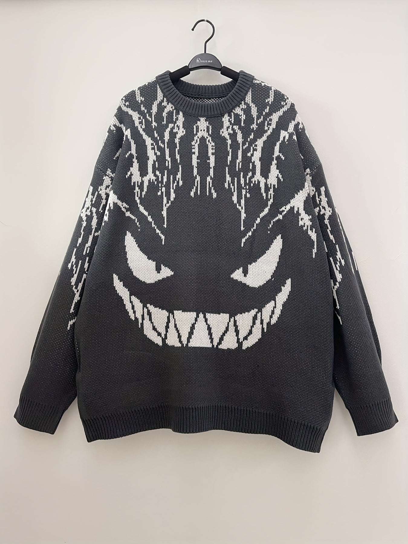 gbolsos Plus Size Men's Sweater Grimace Graphic Print Loose Dark Department Little Devil Jacquard Round Neck Pullover