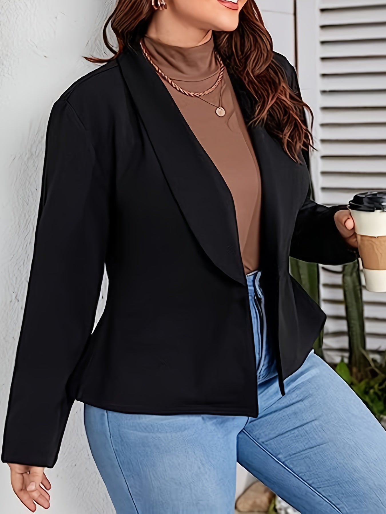 Plus Size Casual Blazer, Women's Plus Solid Ruffle Hem Nipped Waist Lapel Collar Long Sleeve Blazer