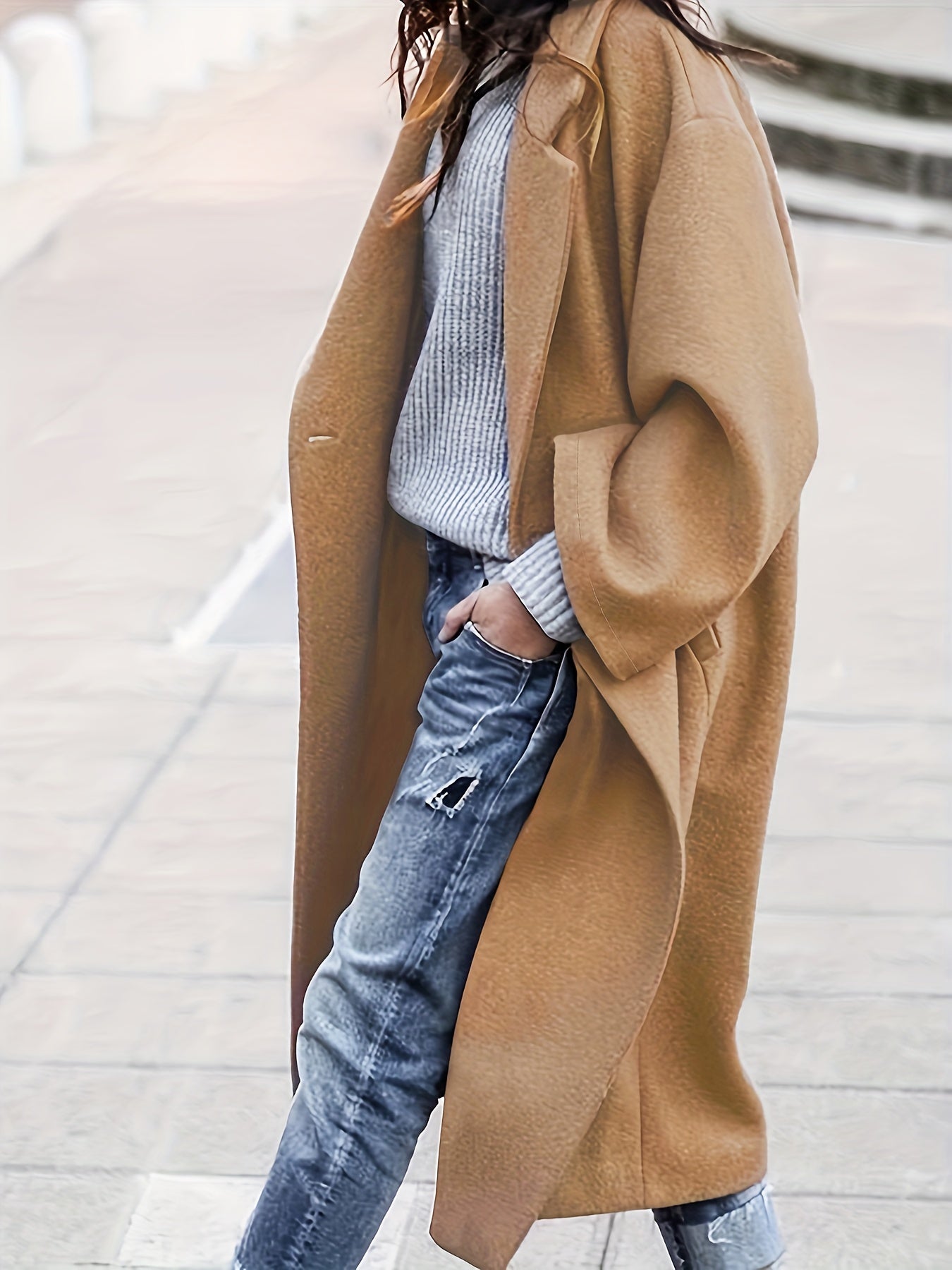 gbolsos Plus Size Elegant Coat, Women's Plus Solid Long Sleeve Lapel Collar Single Breasted Longline Overcoat