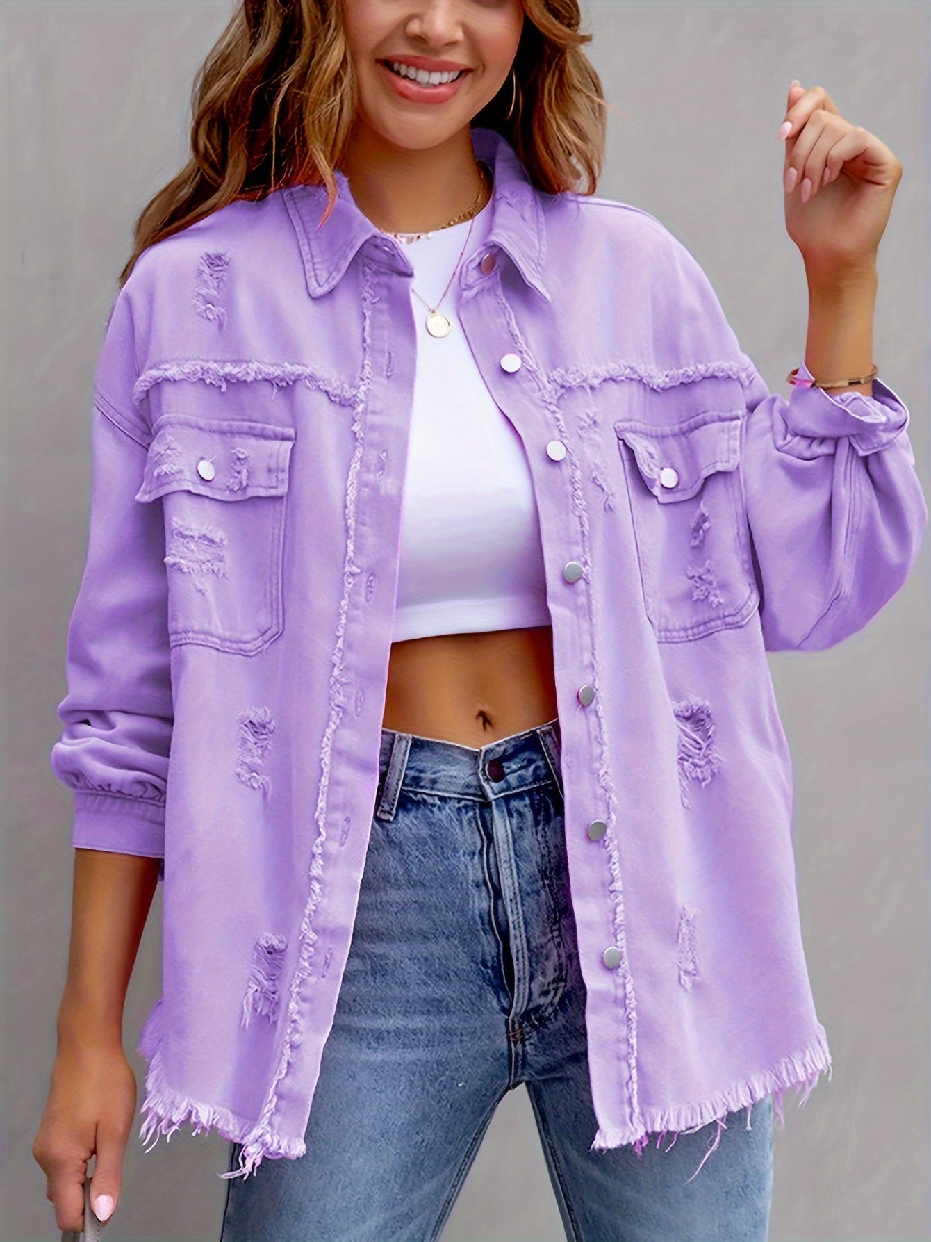 gbolsos Raw Hem Ripped Distressed Denim Jacket, Flap Pockets Long Sleeves Street Style Single-Breasted Denim Coat, Women's Denim Jeans & Clothing
