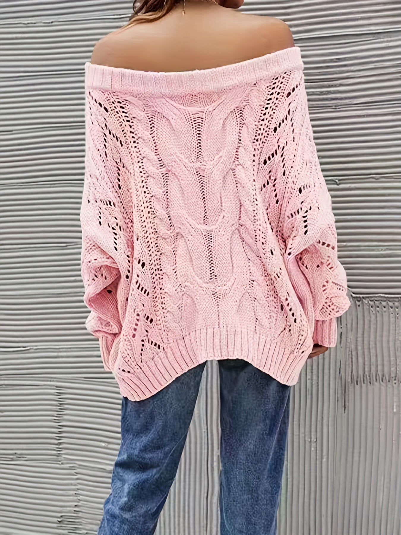 gbolsos Off Shoulder Cable Knit Sweater, Casual Long Sleeve Sweater For Fall & Winter, Women's Clothing