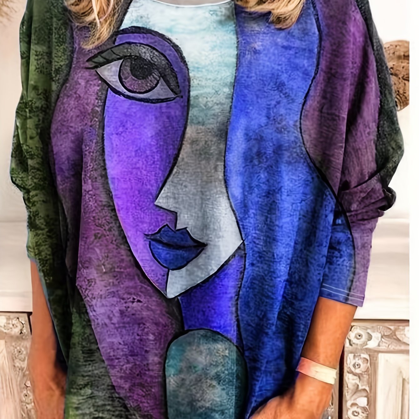Plus Size Casual T-shirt, Women's Plus Abstract Print Long Sleeve Round Neck Medium Stretch T-shirt