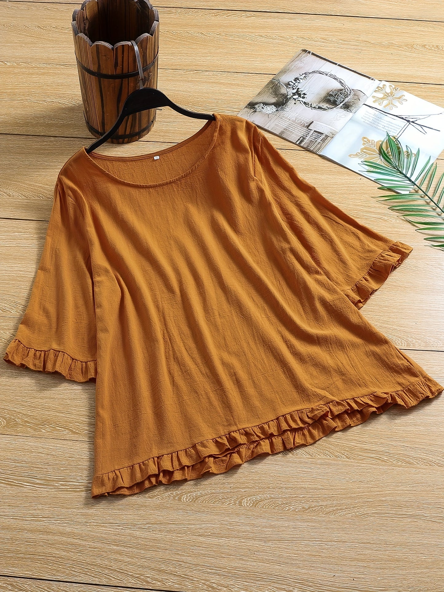 solvbao Plus Size Casual Top, Women's Plus Solid Lettuce Trim Half Sleeve Round Neck Slight Stretch Top