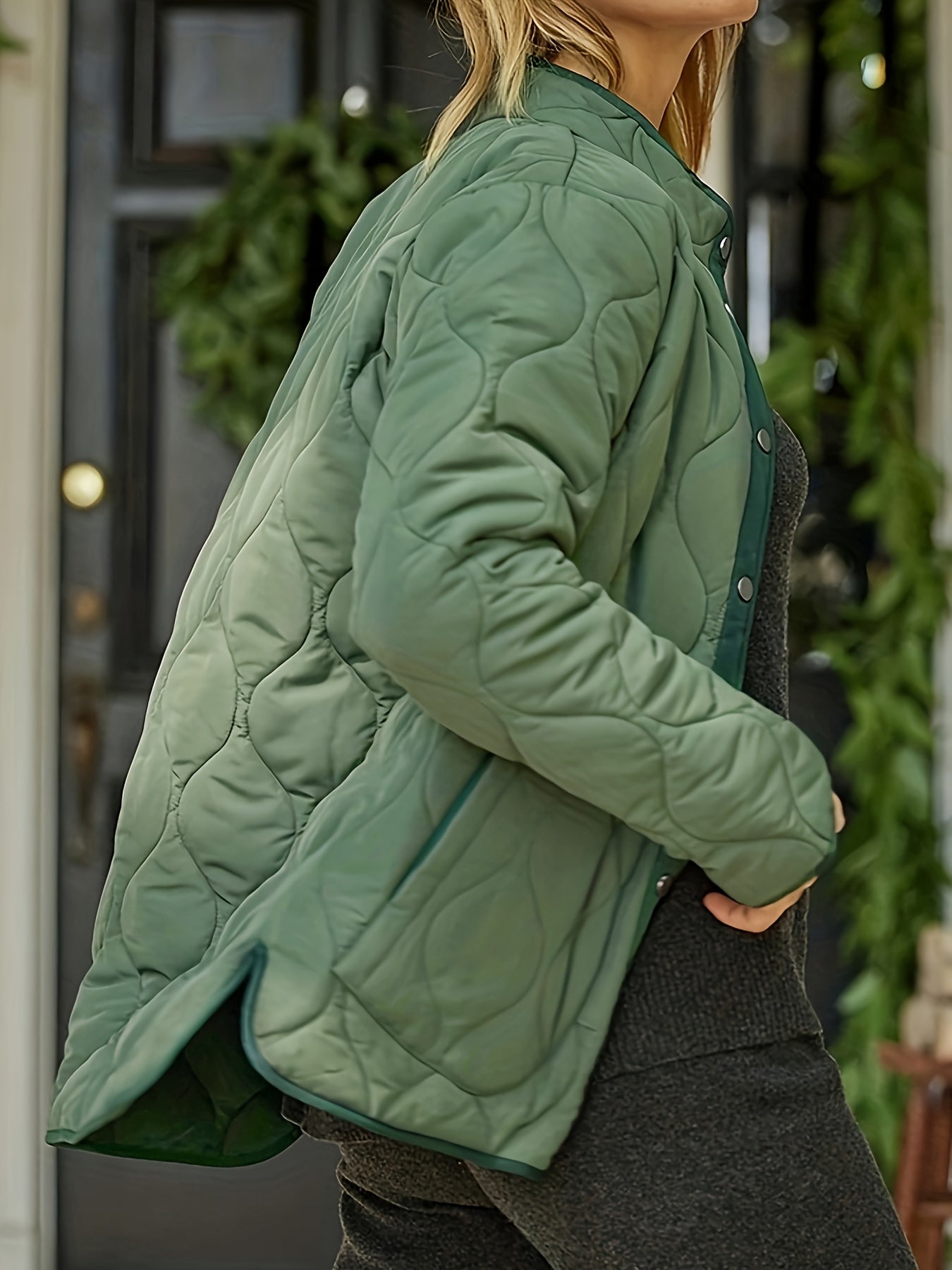 gbolsos Plus Size Casual Coat, Women's Plus Solid Quilted Long Sleeve Button Up Mock Neck Coat With Pockets