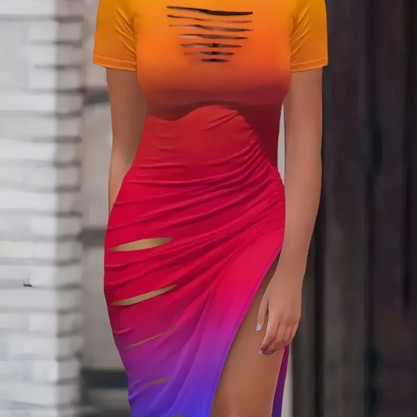 gbolsos Cut Out Drawstring Dress, Sexy Bodycon Split Short Sleeve Dress, Women's Clothing