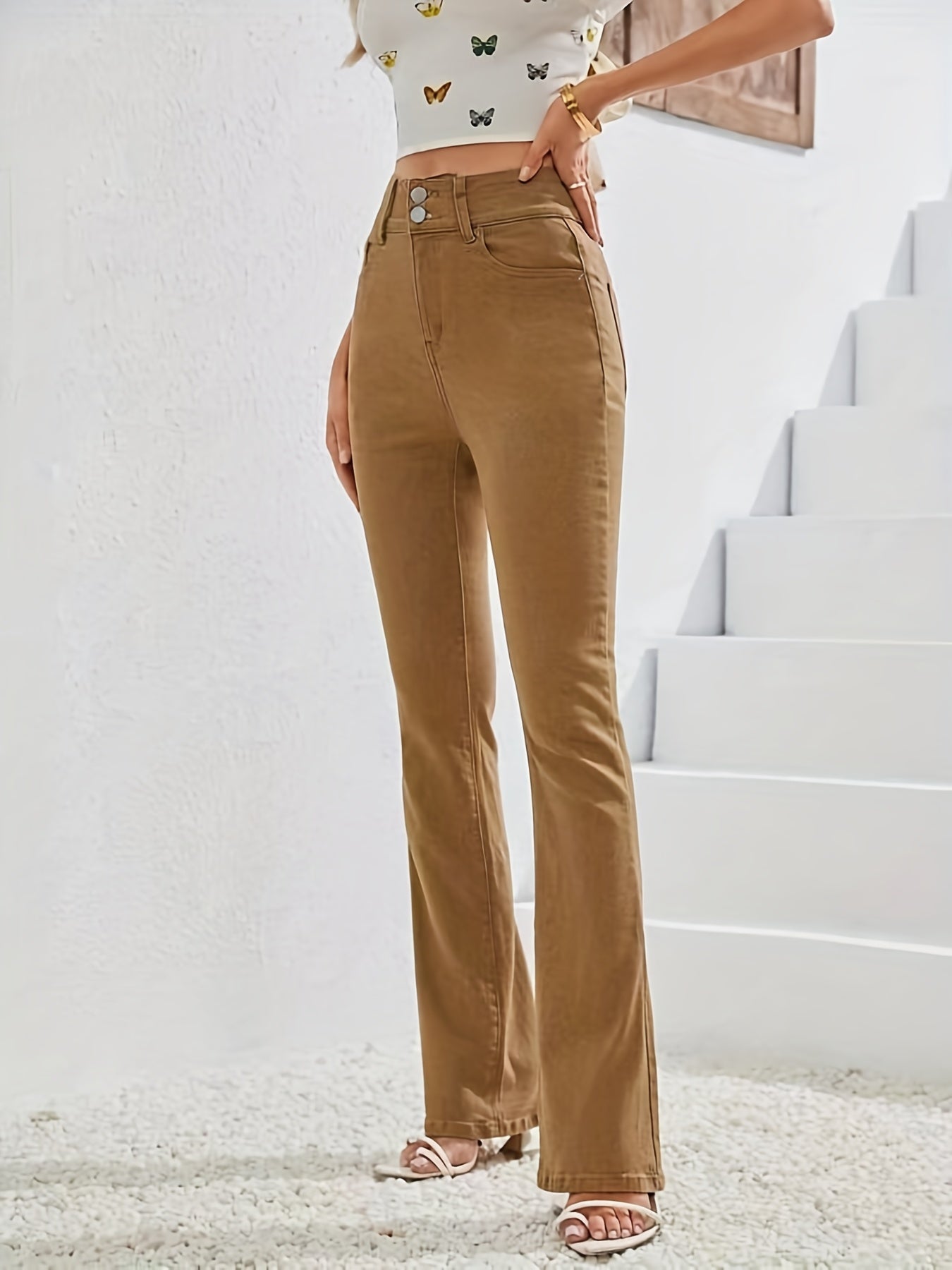 gbolsos Plain Double Button Wide Leg Jeans, High Rise Mid Strech Street Style Flare Denim Pants, Women's Denim Jeans & Clothing