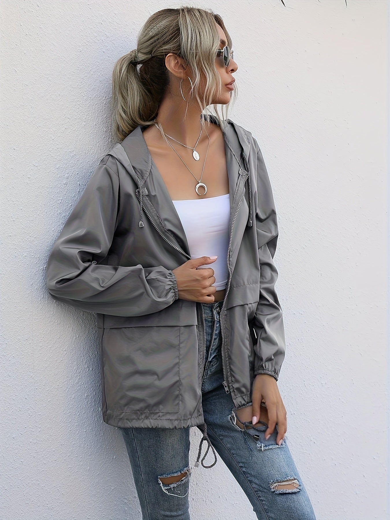 gbolsos Zip Up Drawstring Raincoat, Casual Solid Hooded Long Sleeve Outerwear, Women's Clothing
