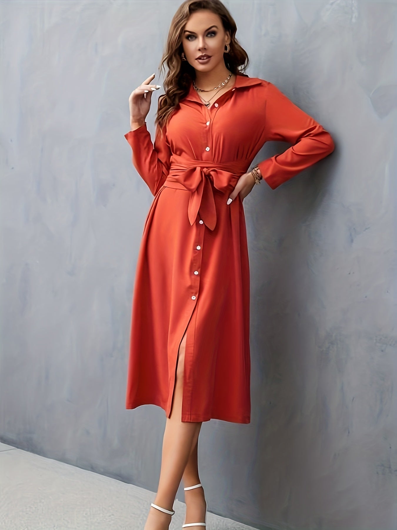 Solid Button Front Belted Dress, Elegant Long Sleeve Slim Dress, Women's Clothing