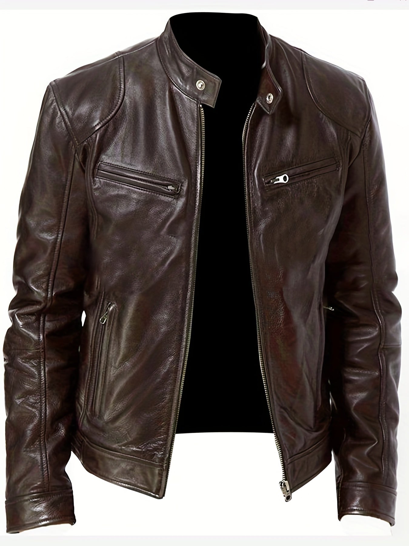 gbolsos Chic PU Jacket, Men's Casual Solid Color Zip Up Stand Collar Faux Leather Jacket For Spring Fall