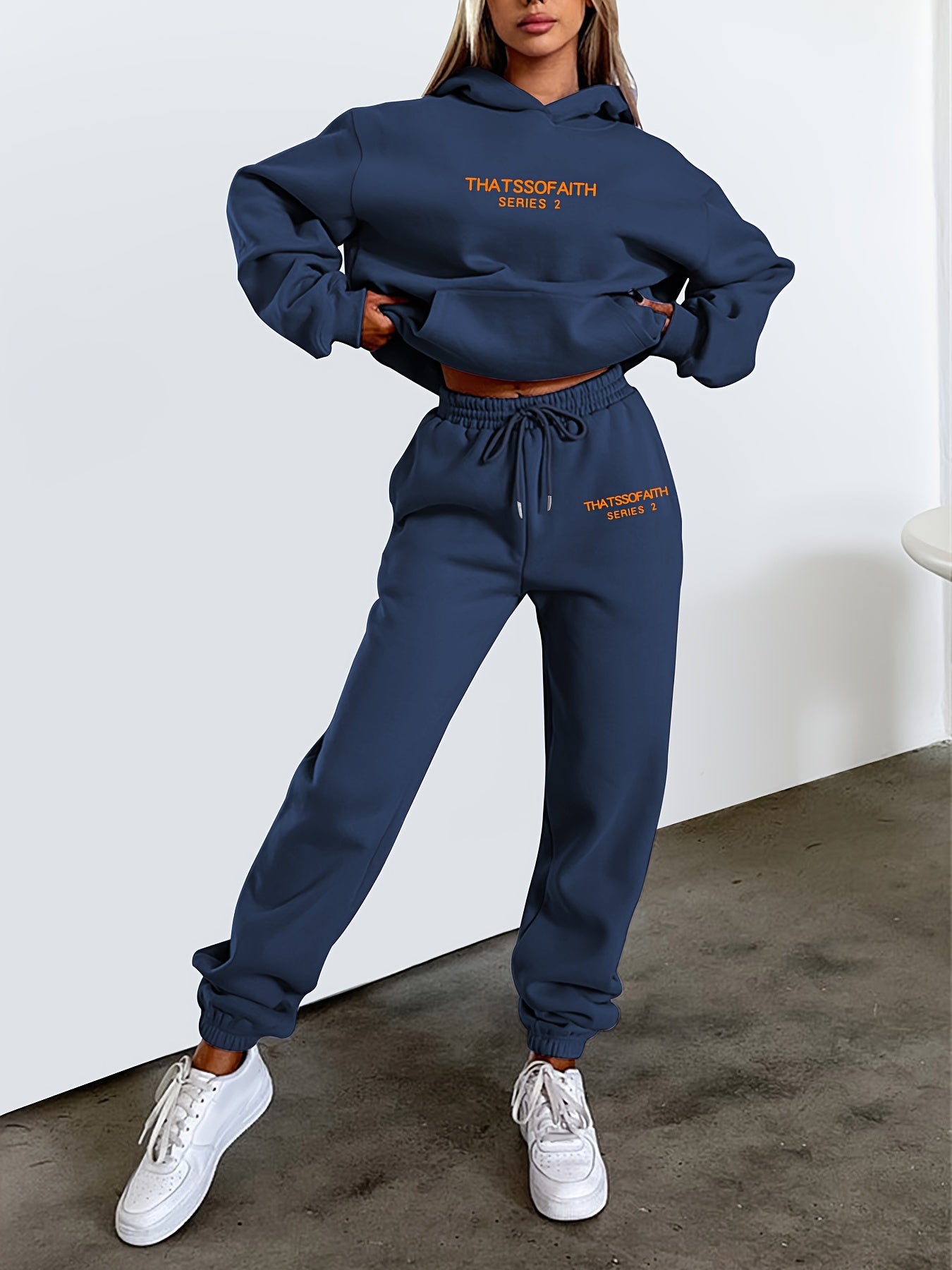 gbolsos Letter Print Casual Two-piece Set, Drawstring Hooded Tops & Drawstring Jogger Pants Outfits, Women's Clothing