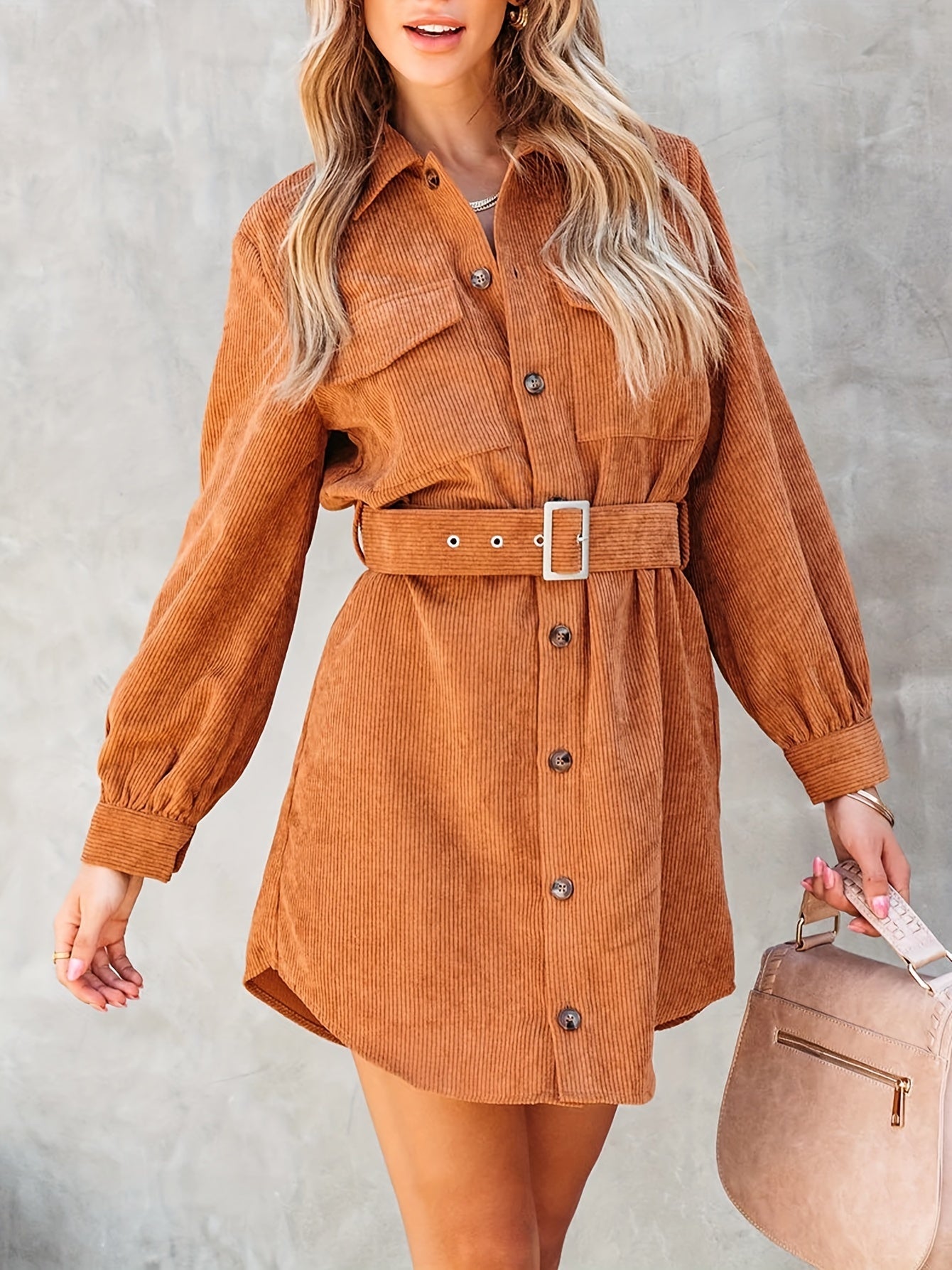 gbolsos Button Front Mini Dress, Casual Long Sleeve Versatile Dress, Women's Clothing