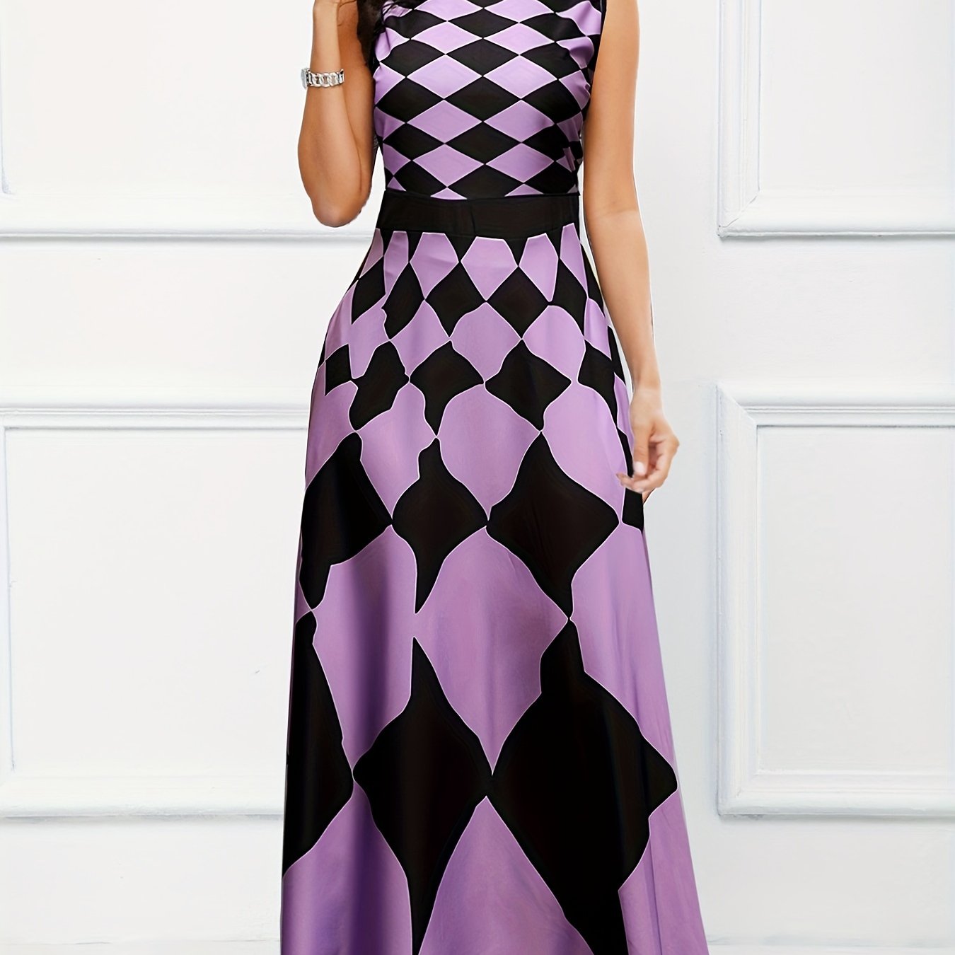 gbolsos Floral Print A-line Long Dress, Elegant Crew Neck Sleeveless Waist Summer Swing Dresses, Women's Clothing