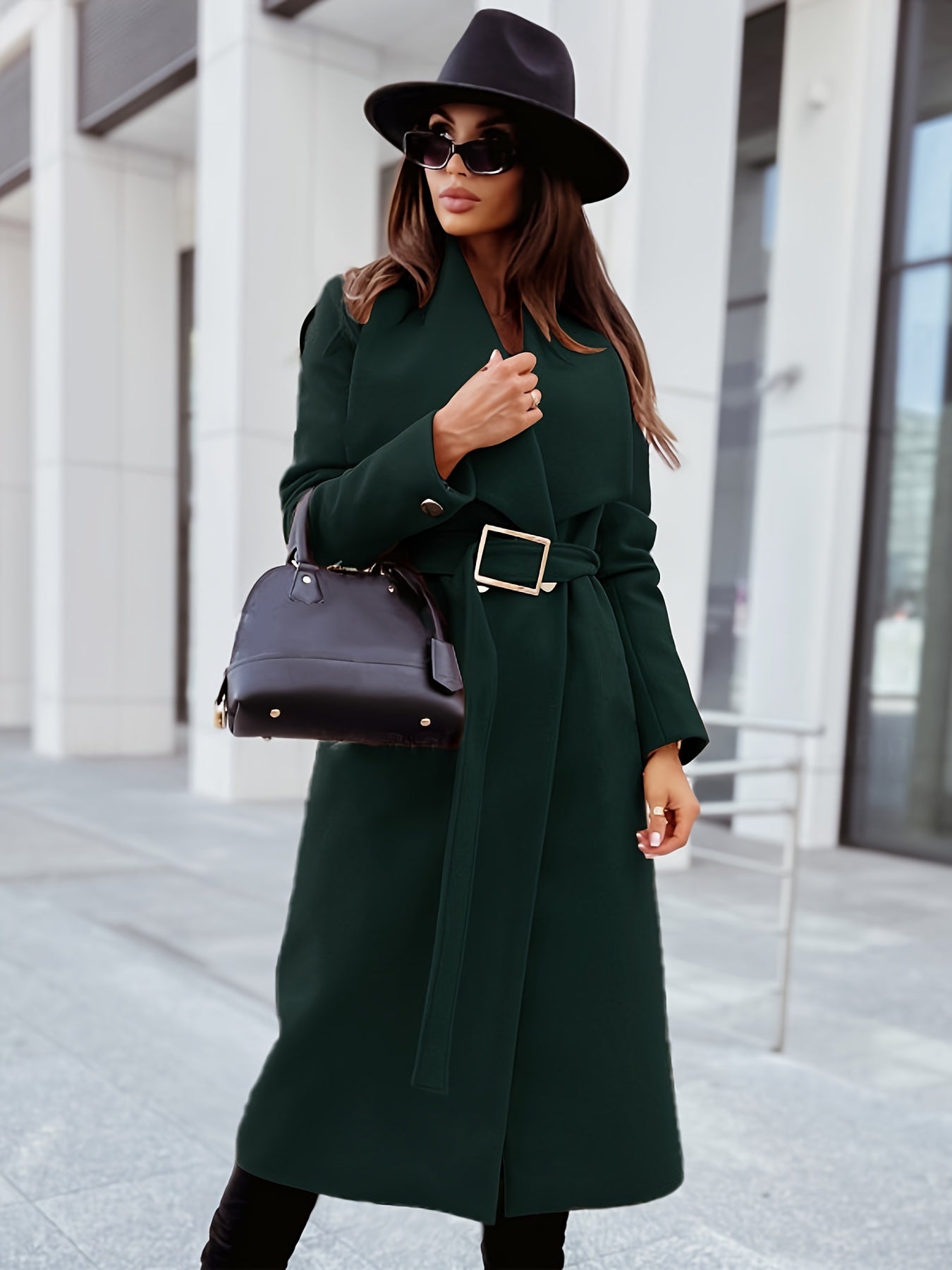 gbolsos Elegant Lapel Belt Long Coat, Casual Long Sleeve V-neck Fashion Loose Fall Winter Long Outerwear, Women's Clothing