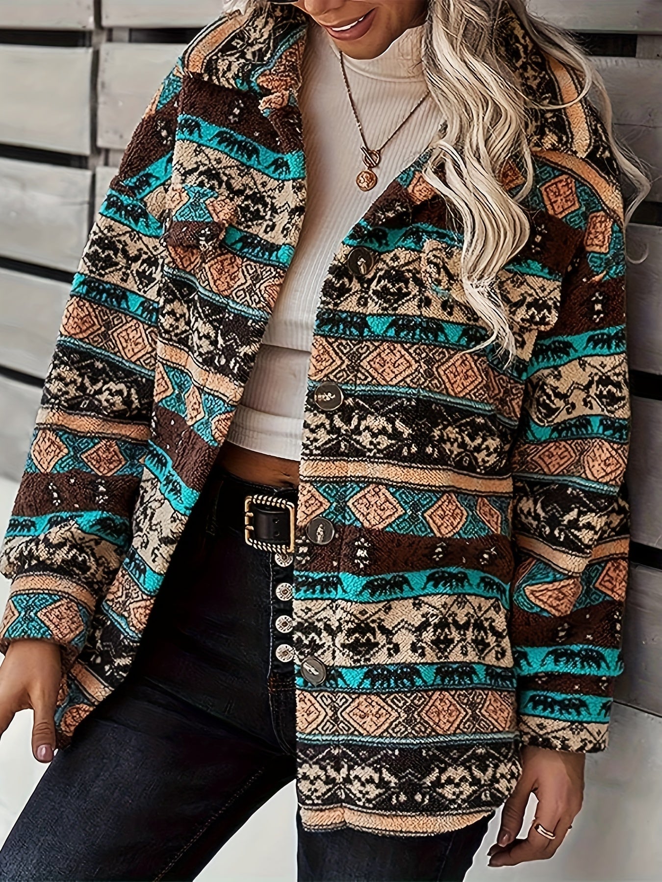 gbolsos Ethnic Geo Print Button Down Jacket, Casual Long Sleeve Drop Shoulder Outwear, Women's Clothing