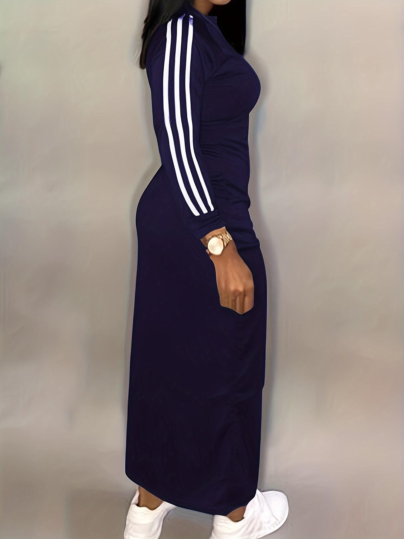 gbolsos Striped Print Bodycon Dress, Casual Long Sleeve Maxi Dress, Women's Clothing