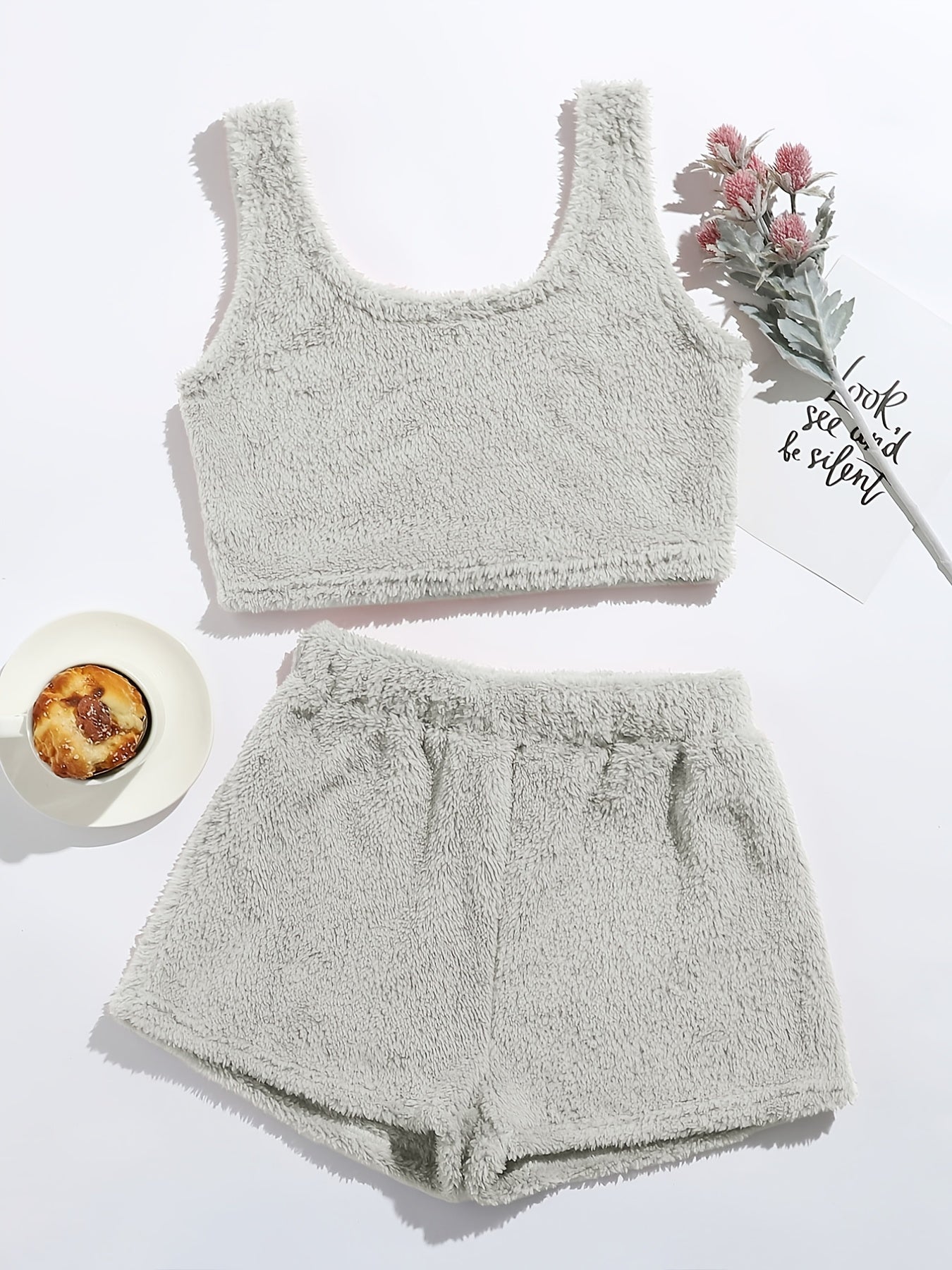 Fluffy Comfortable Pajamas Set, Crop Tank Sleeveless Top & Comfortable Shorts Loungewear Set For Valentine's Gifts, Women's Loungewear & Sleepwear