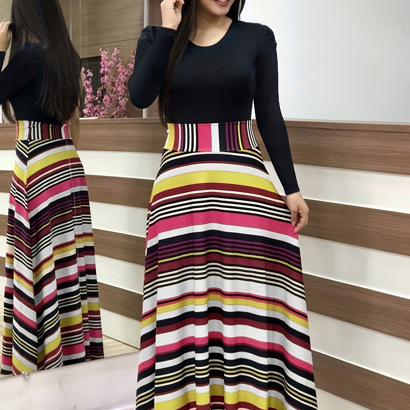 Floral Print Long Sleeve Dress, Elegant Crew Neck Pleated Maxi Dress, Women's Clothing