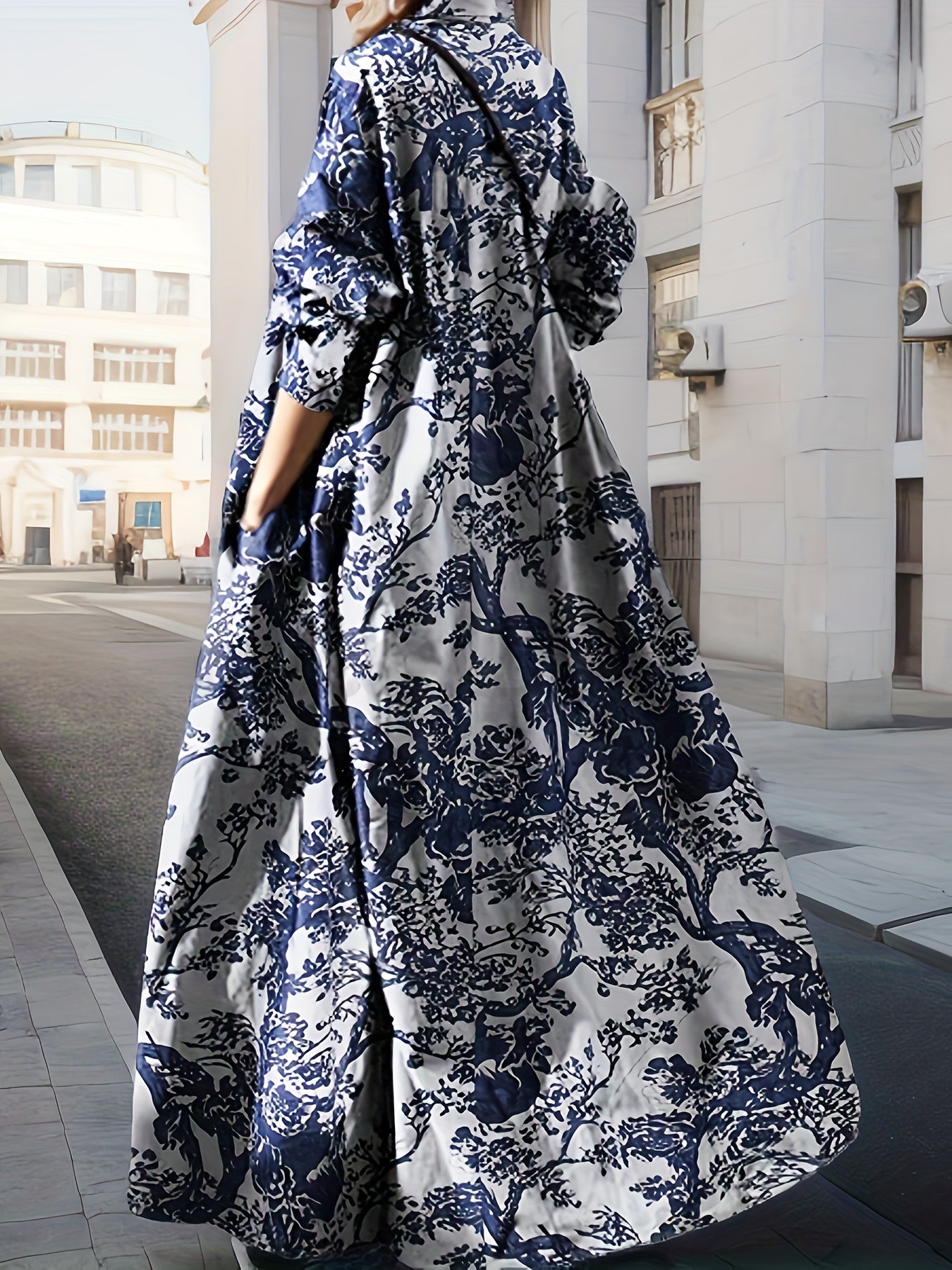 gbolsos Vintage Graphic Print V-neck Dress, Elegant Long Sleeve Maxi Dress For Spring & Fall, Women's Clothing